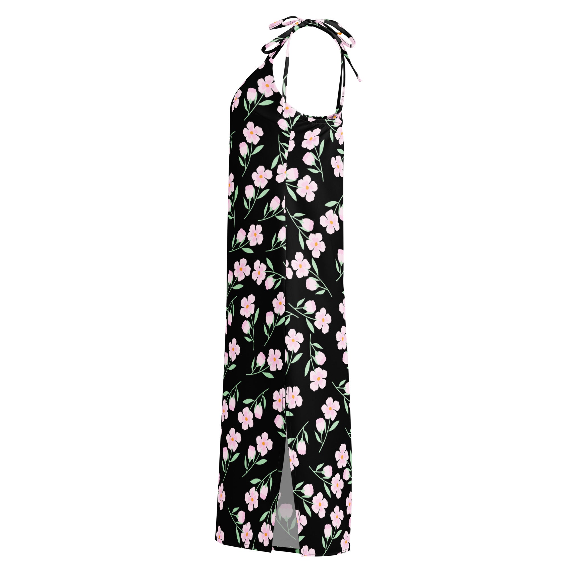 Women’s black floral slip dress midi with delicate pink pattern thin halter neck straps and built in bra