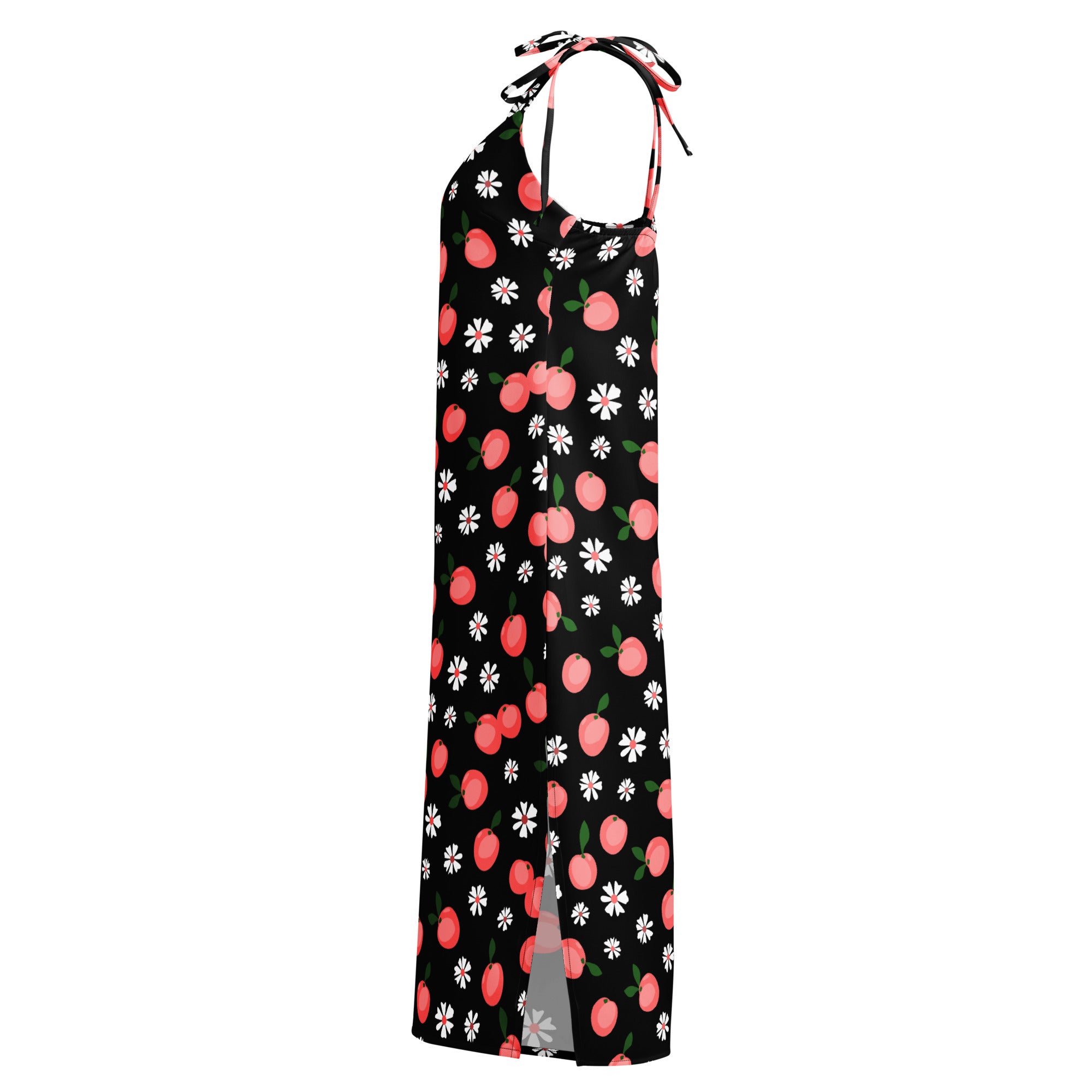 Black halter neck maxi dress with pink peach and white daisy print featuring adjustable tie straps and built in bra
