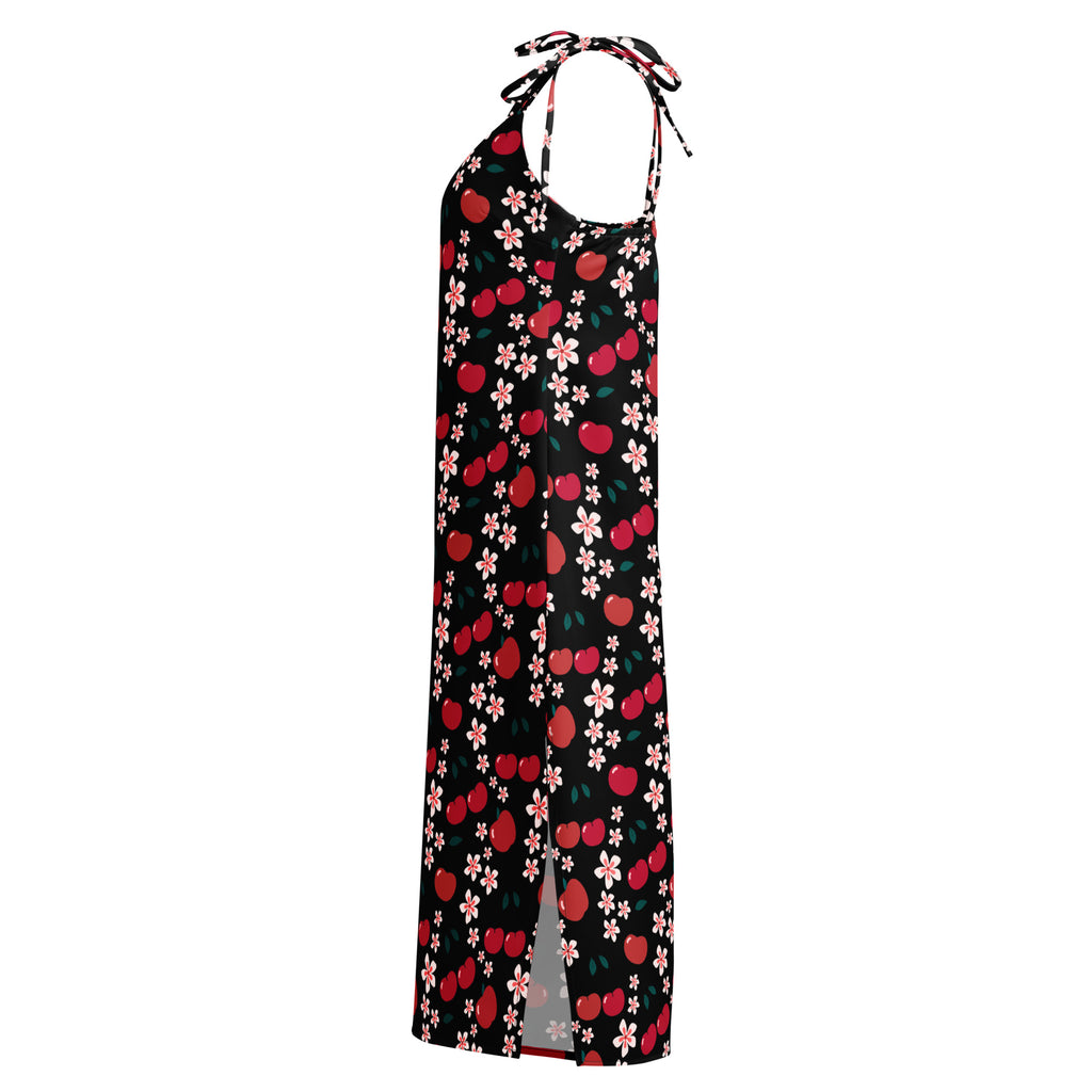 Women’s floral cherry blossom slip midi dress in black with red cherries pink blossoms and adjustable tie straps