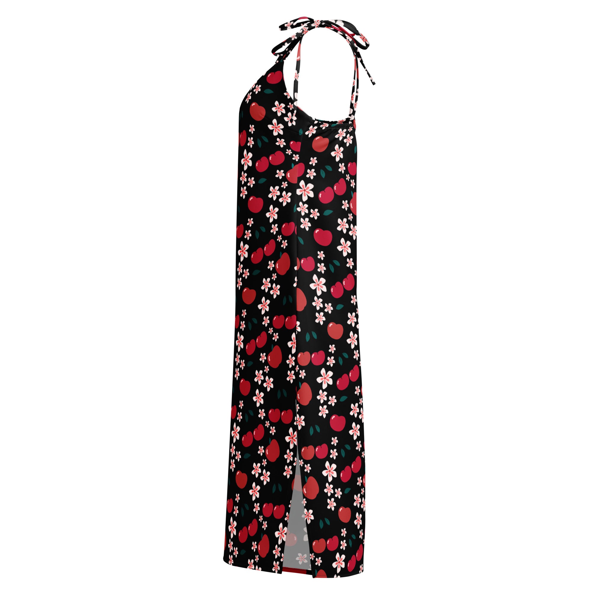 Women’s floral cherry blossom slip midi dress in black with red cherries pink blossoms and adjustable tie straps