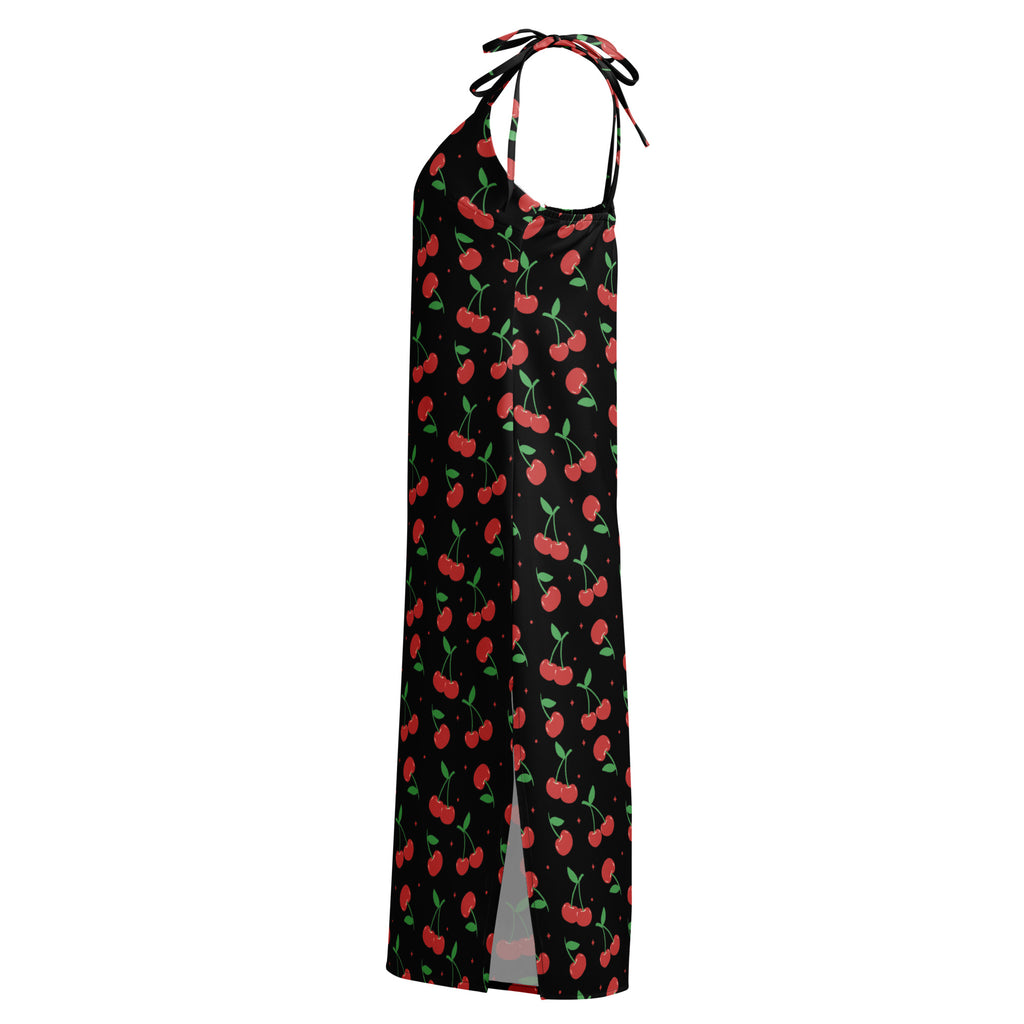 Women’s black halter neck maxi dress with vibrant red cherry print green stems and adjustable tie straps at neckline