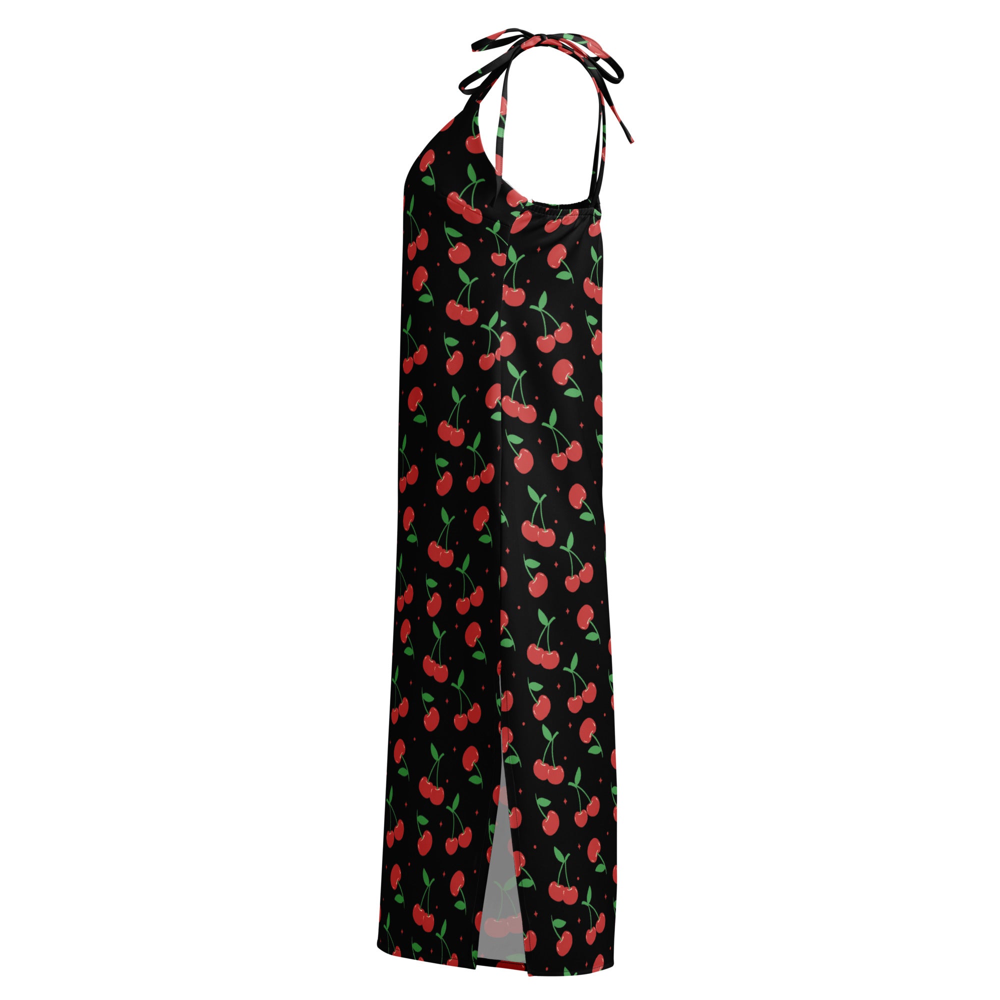 Women’s black halter neck maxi dress with vibrant red cherry print green stems and adjustable tie straps at neckline