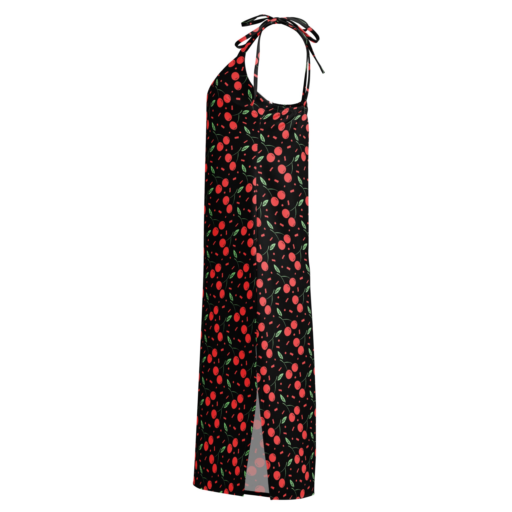 Women’s black halter-neck maxi dress with vibrant red cherry pattern and adjustable tie straps at neckline