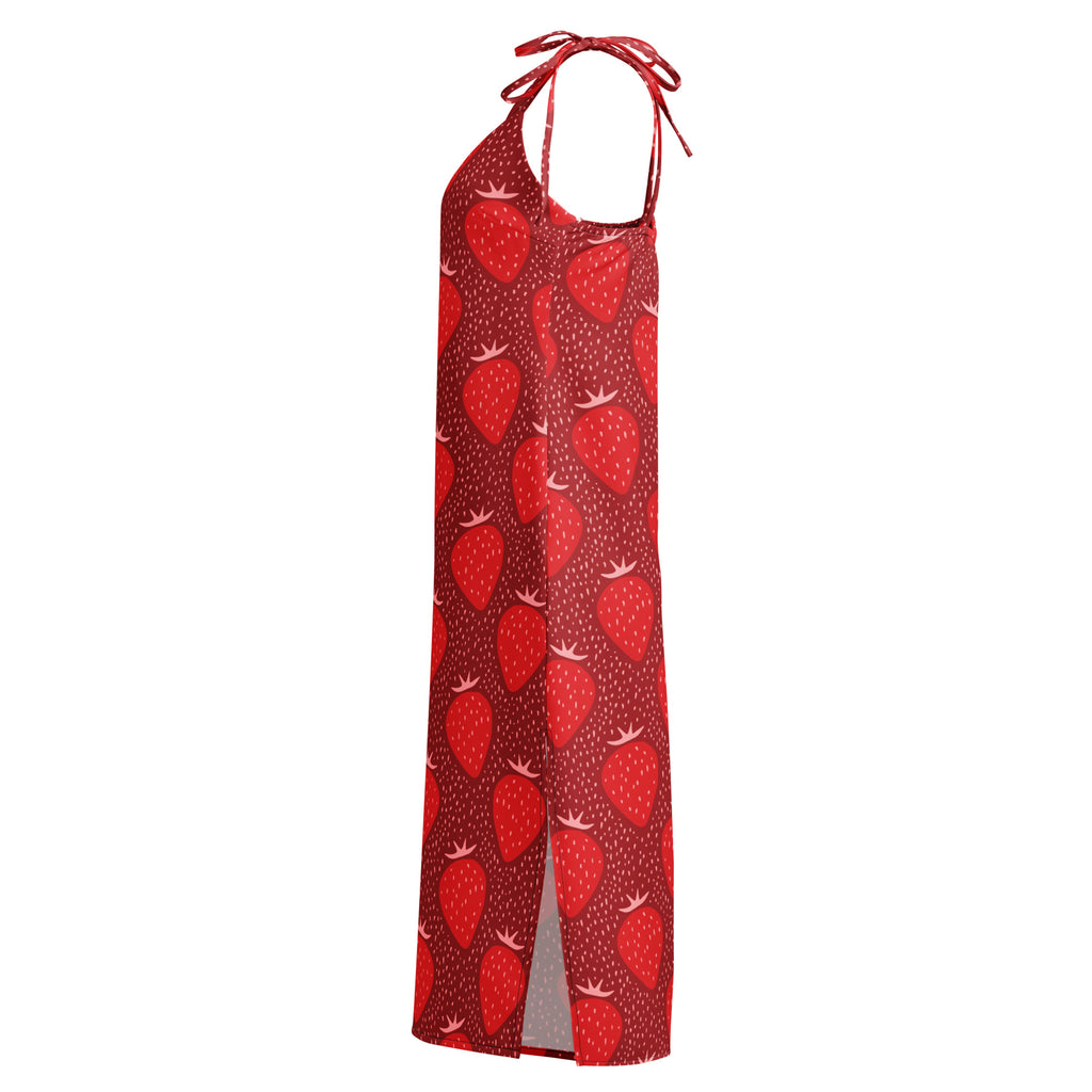 Women’s red strawberry slip dress midi dress with adjustable tie shoulder straps side slit and built in bra