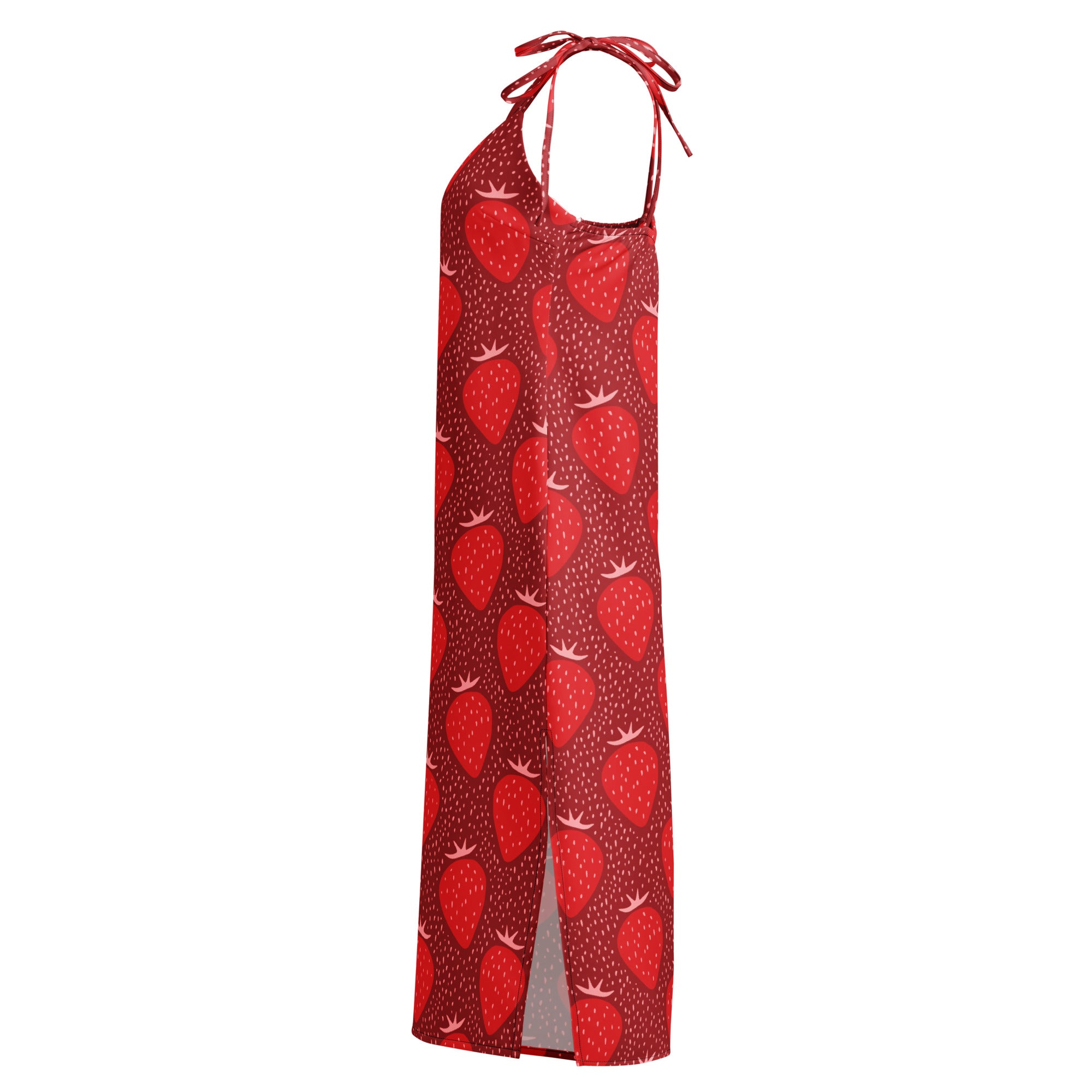 Women’s red strawberry slip dress midi dress with adjustable tie shoulder straps side slit and built in bra