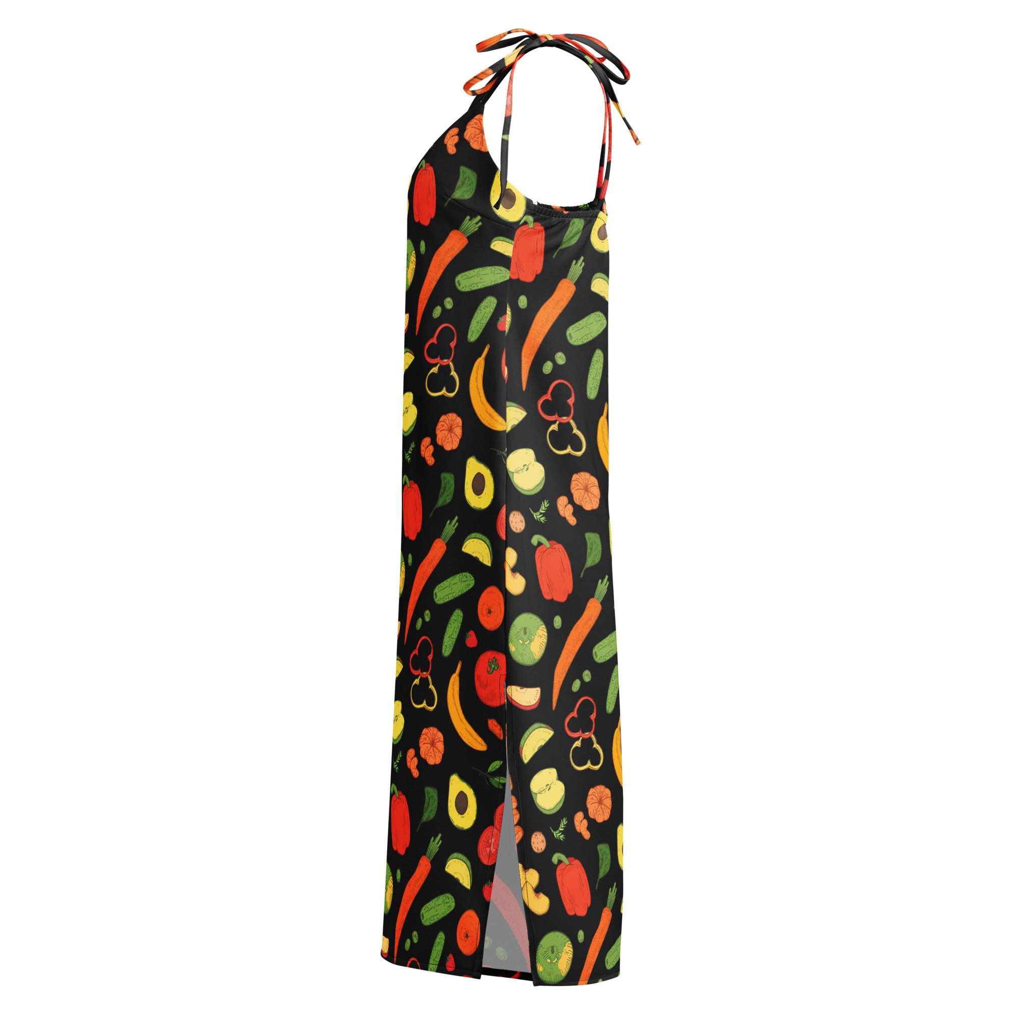 Women’s black halter-neck maxi dress with colorful fruit and vegetable pattern and adjustable tie straps and built in bra