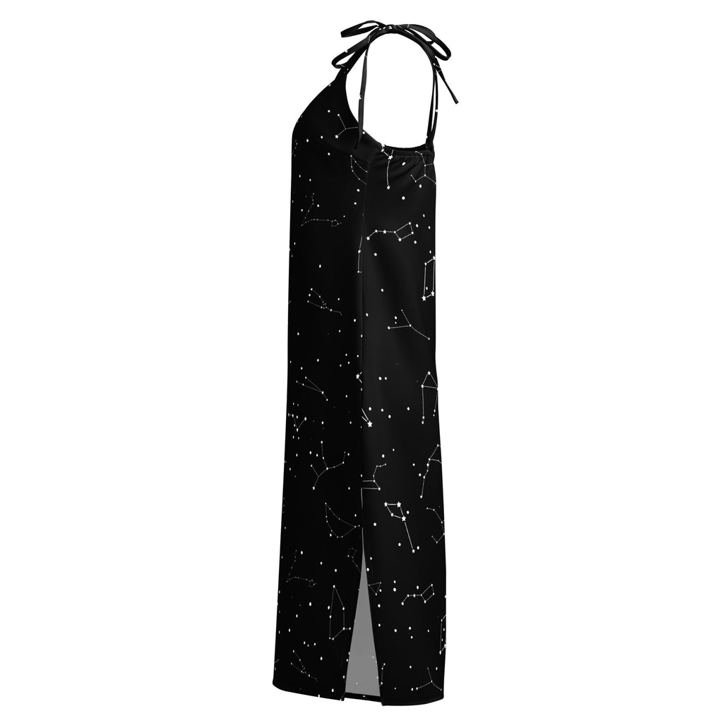 Women’s black halter neck maxi dress with white constellation patterns side slit adjustable tie straps built in bra