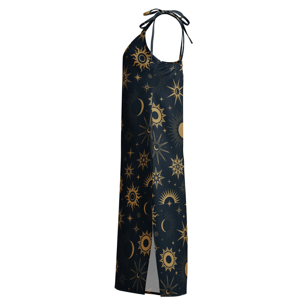 Women's Celestial Sun & Moon Slip Dress - Midi Dress With Adjustable Tie Straps & Built In Bra 