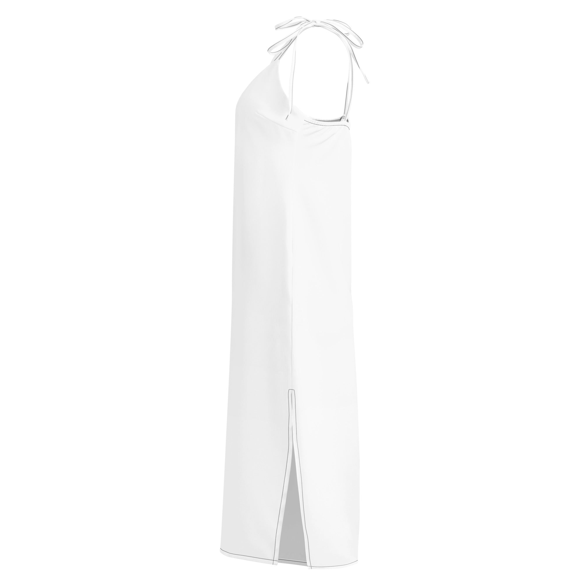 A sleek white halter-neck maxi dress with side slit and delicate tie-back straps for women
