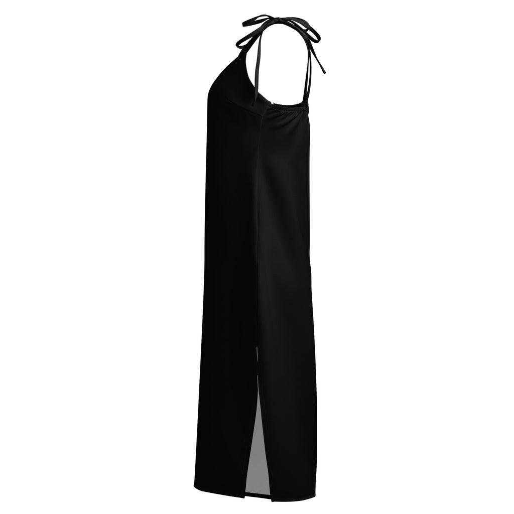 Women's Black Slip Dress - Midi Dress With Adjustable Tie Straps & Built In Bra