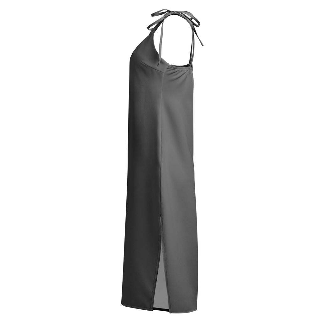 Women's Gray Slip Dress - Midi Dress With Adjustable Tie Straps & Built In Bra 