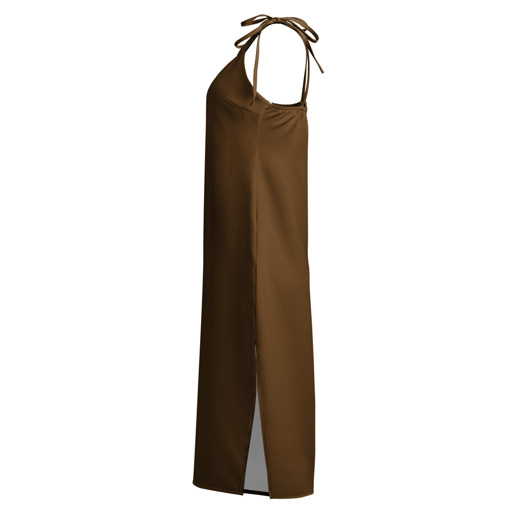 Women's brown slip dress, Bouvelle midi with adjustable tie straps and built-in bra