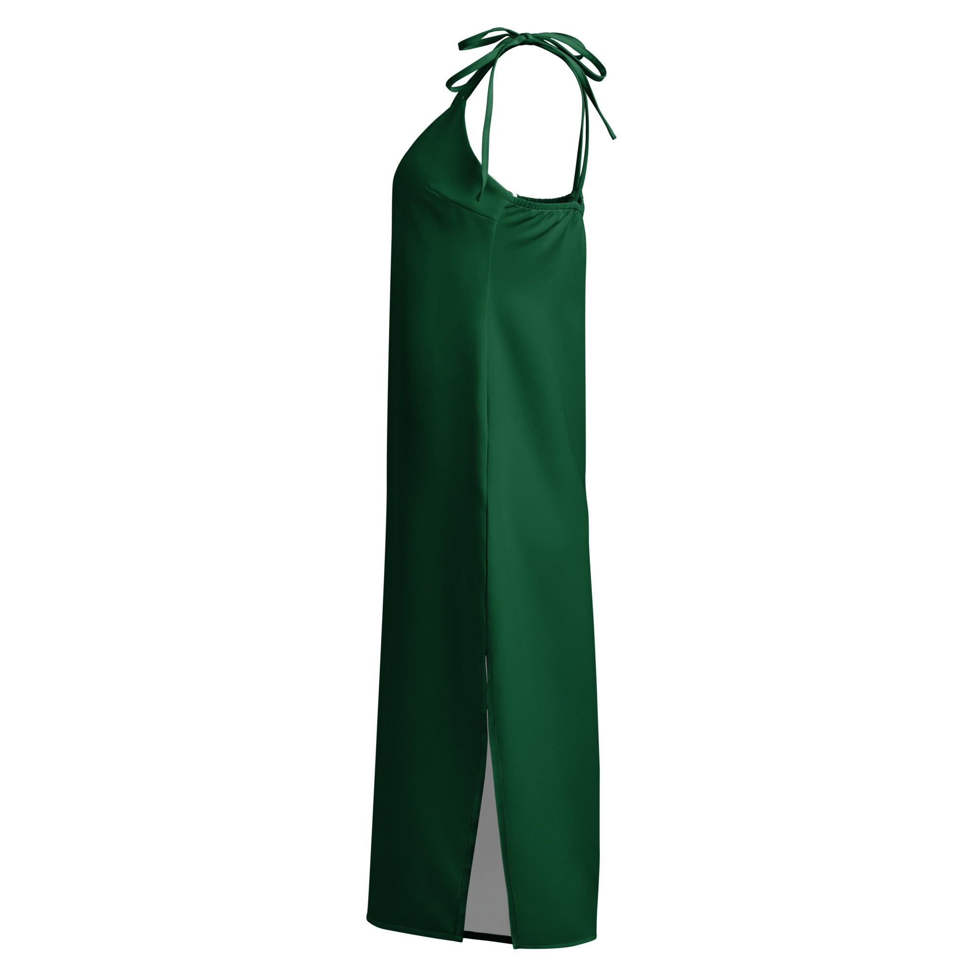 Women's dark green Bouvelle slip dress, midi length with adjustable tie straps and built-in bra