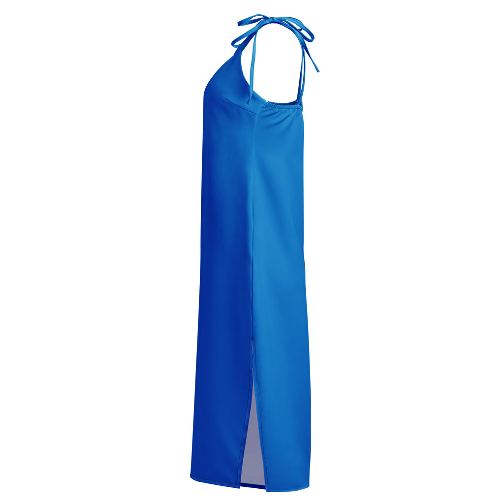 Women's blue slip dress, midi length with adjustable tie straps and built-in bra