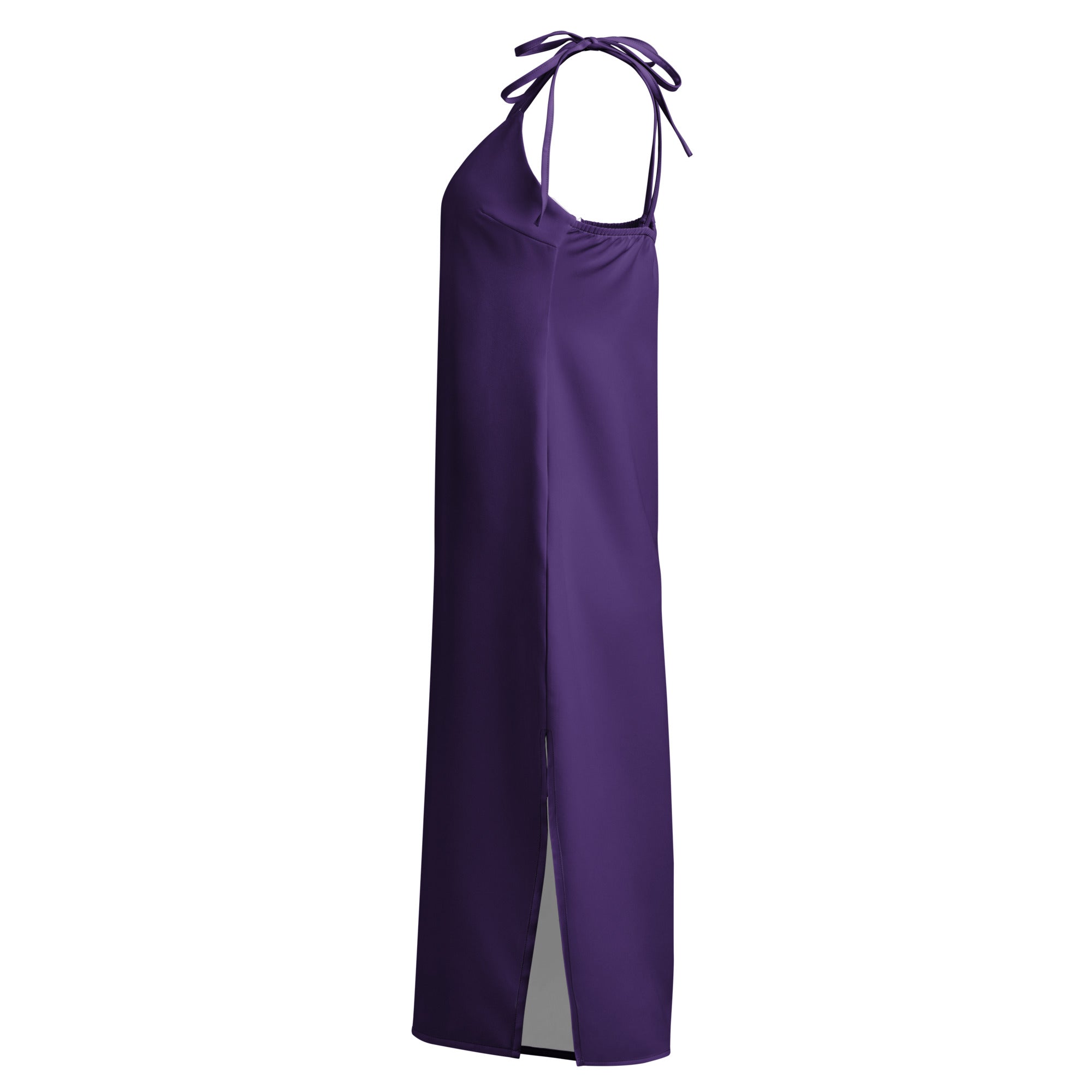 Purple halter neck dress with a slit on a white background