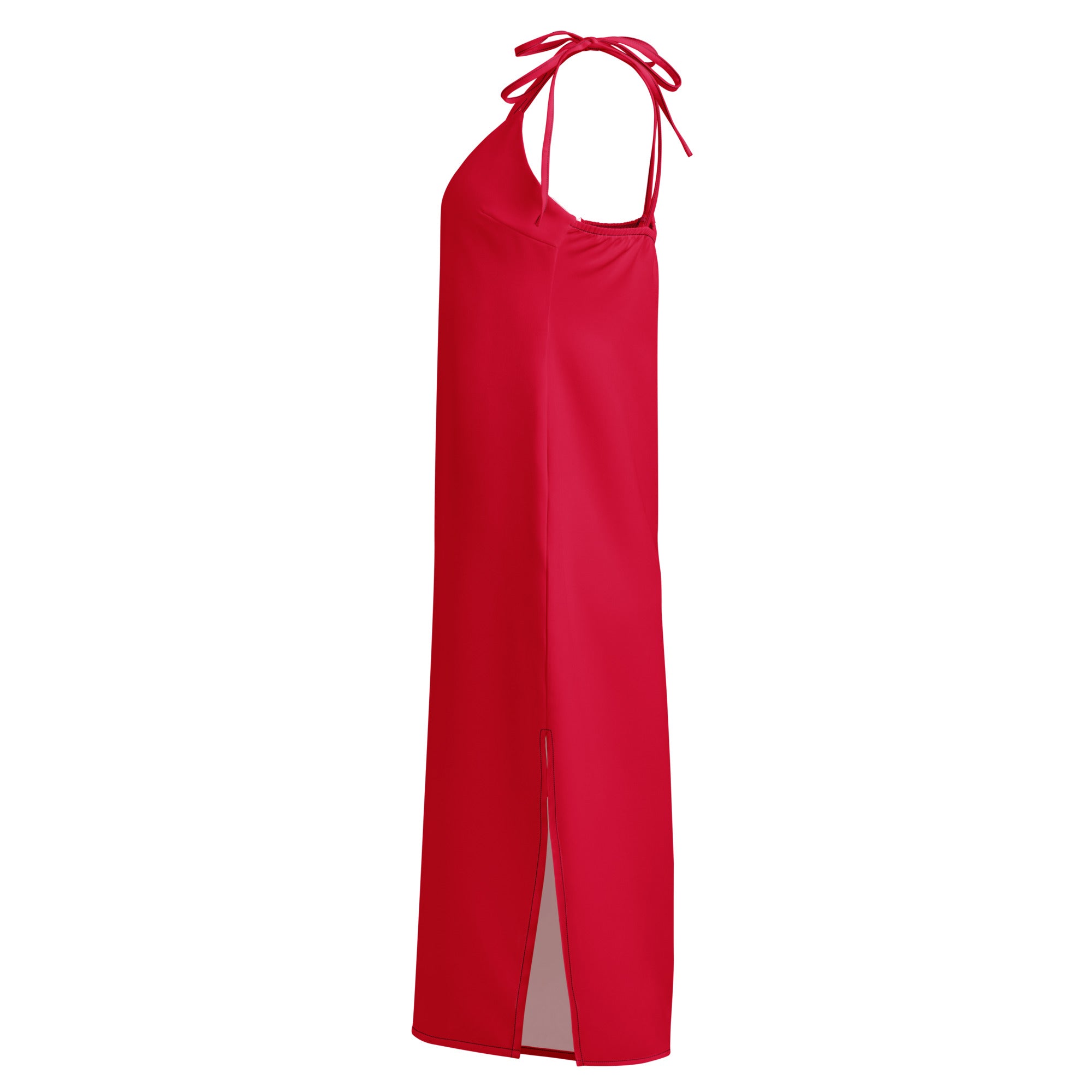 Red halter neck dress with a slit on a white background