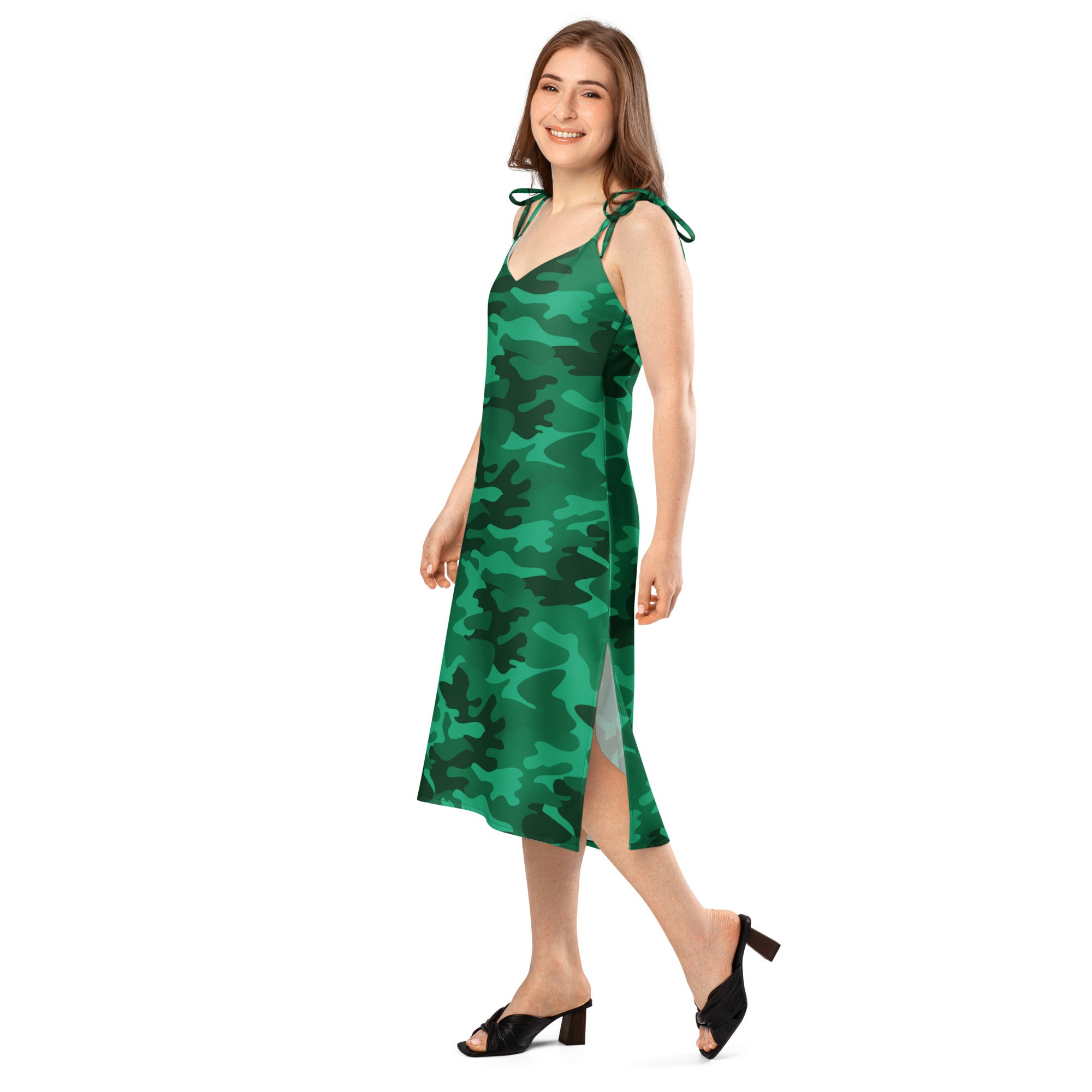 Women’s green camouflage midi slip dress with tie-back straps side slit and built-in bra shown from the back