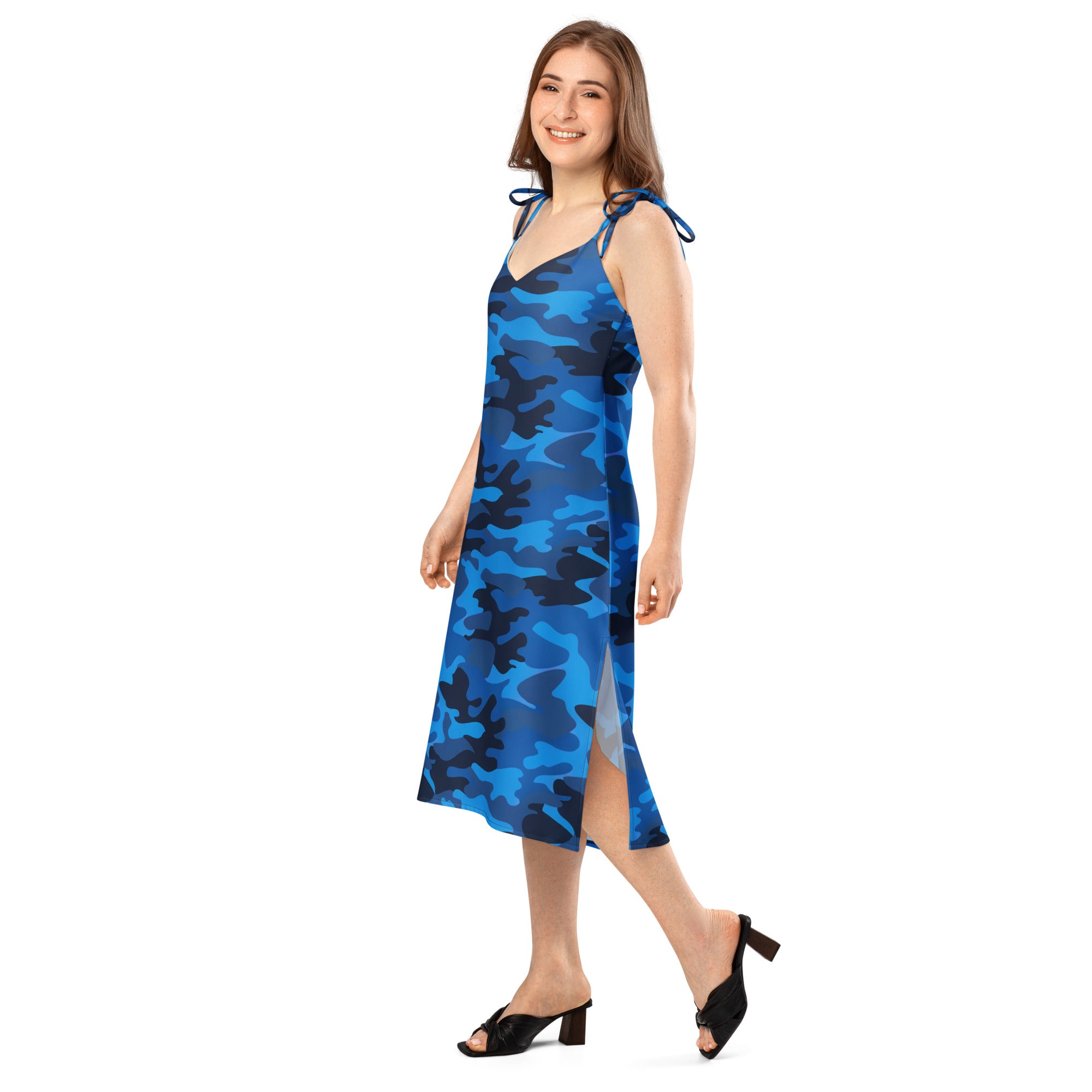 Women’s blue camouflage slip midi dress with adjustable tie-back straps side slit and built-in bra seen from the back