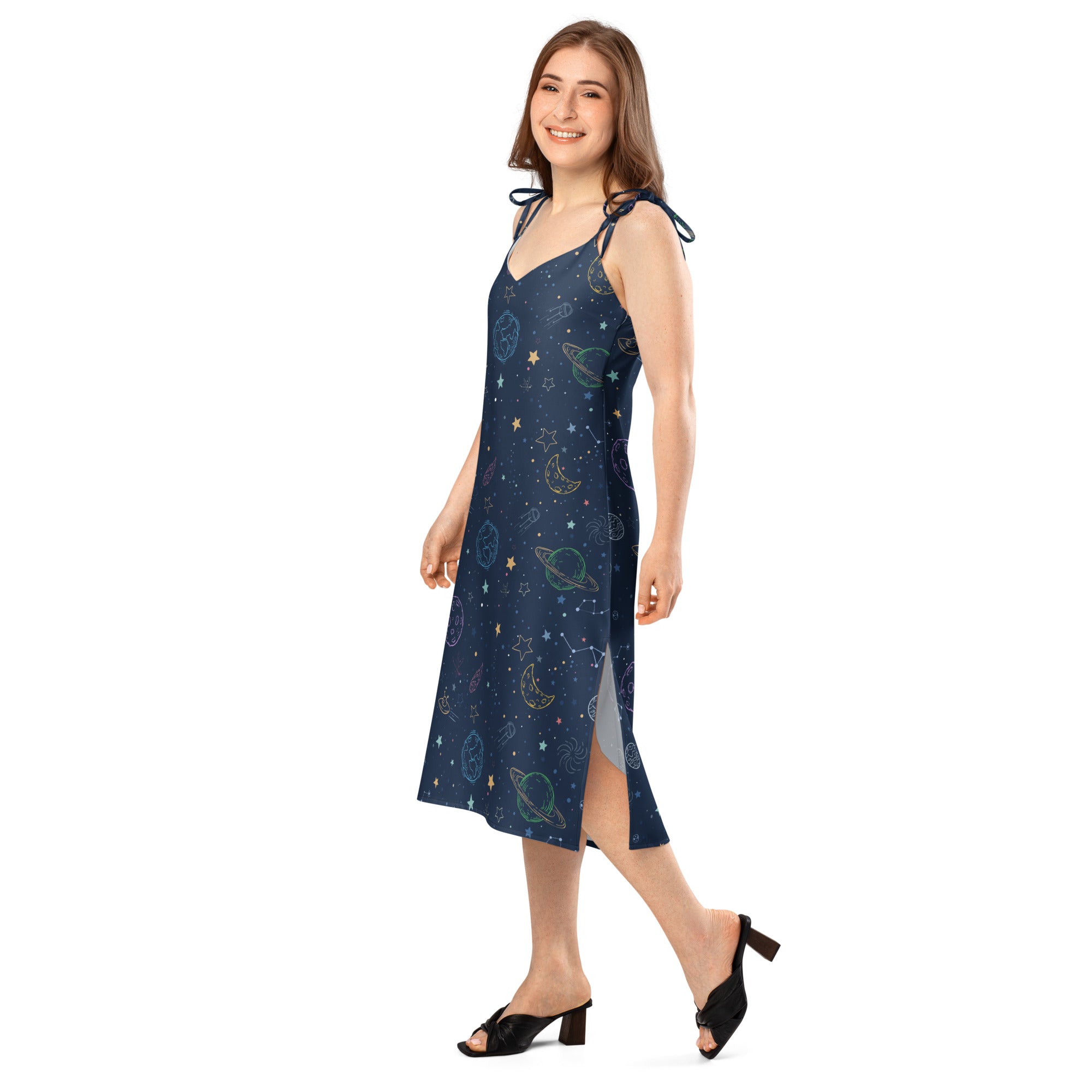 Woman wearing a space on a white background