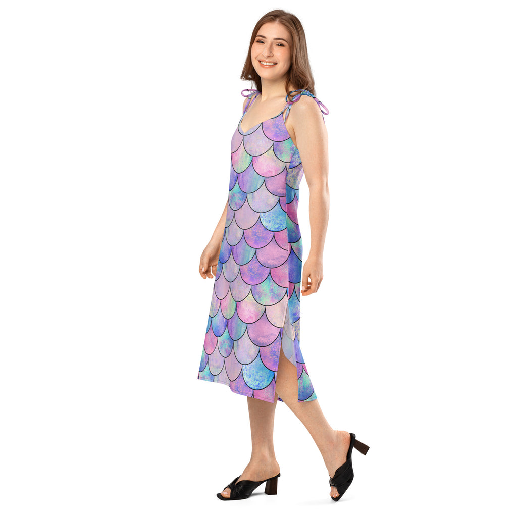Women’s pastel mermaid slip dress midi sleeveless dress with vibrant iridescent purple pink blue scale pattern