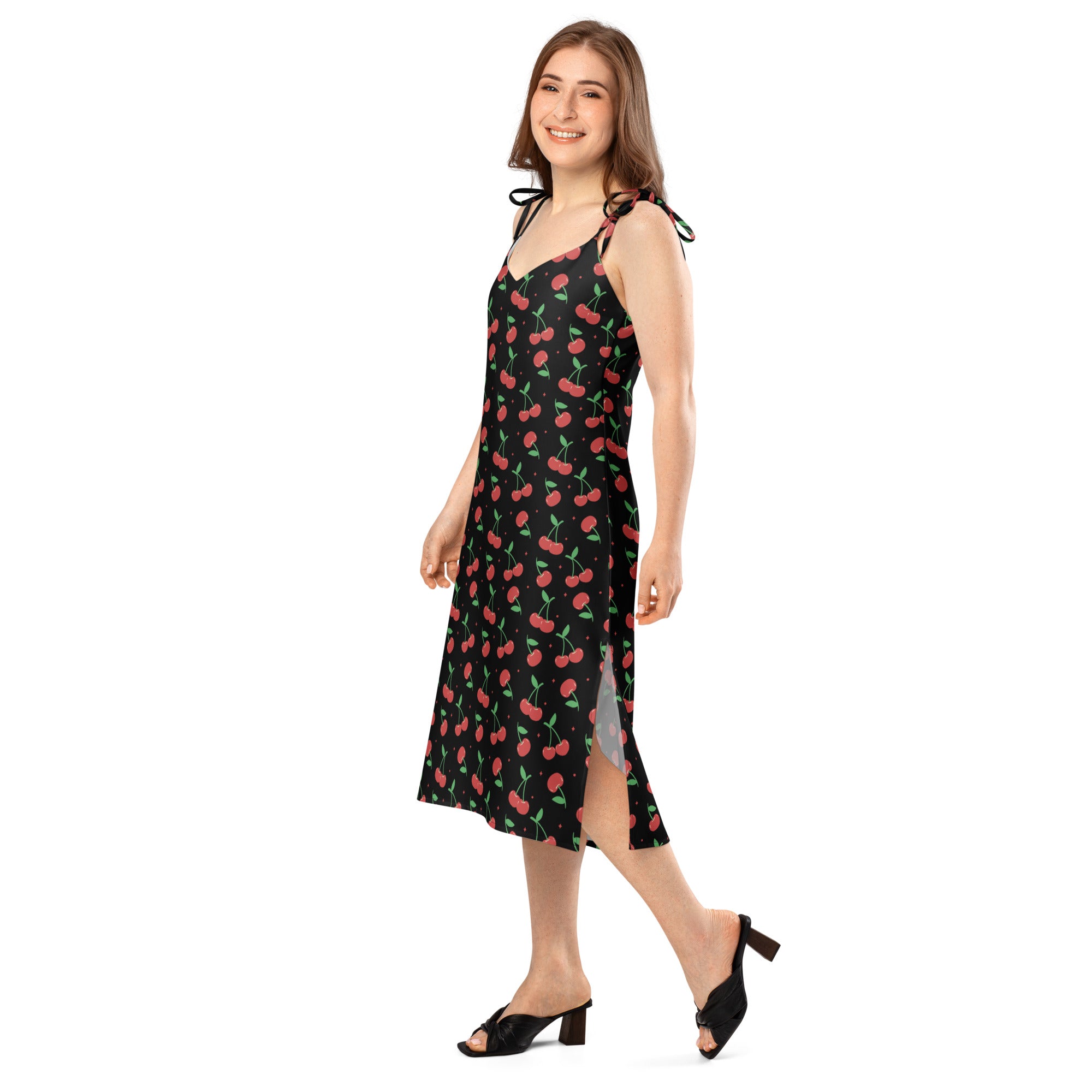 Women’s black cherry print midi slip dress with adjustable tie straps side slit and built in bra