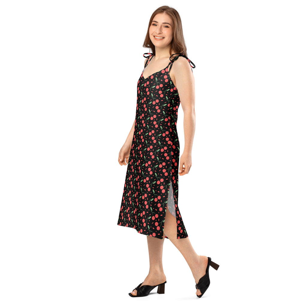 Women’s black cherry-print midi slip dress with adjustable tie straps side slit and built-in bra for casual wear