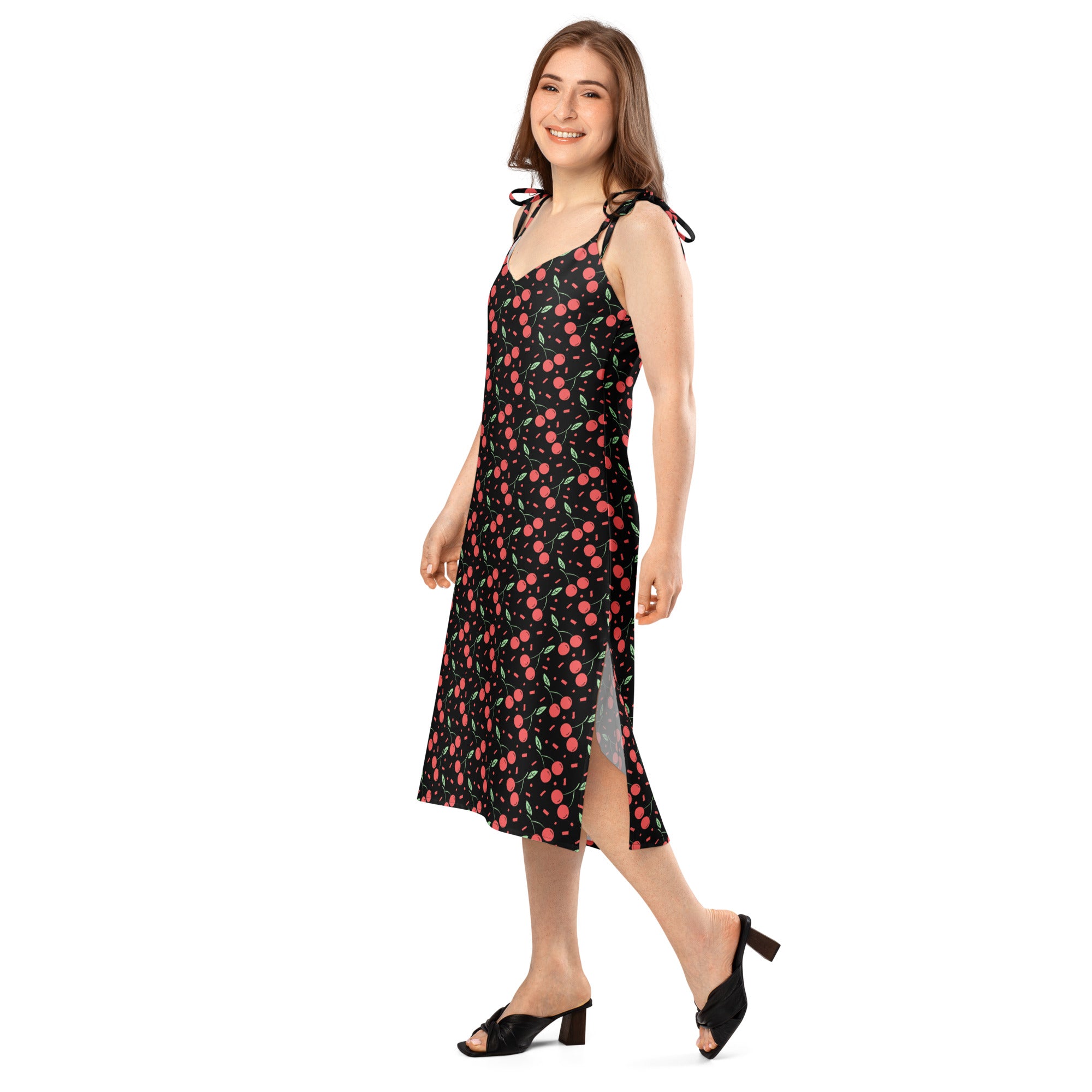 Women’s black cherry-print midi slip dress with adjustable tie straps side slit and built-in bra for casual wear