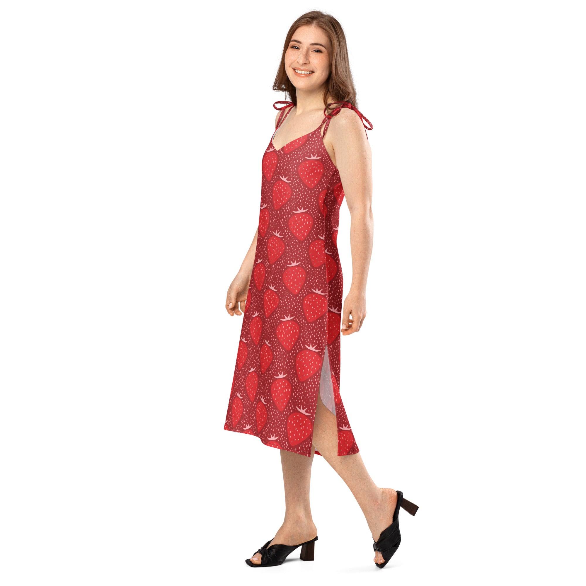 Women’s red strawberry slip midi dress with adjustable tie straps side slit and built-in bra for summer wear