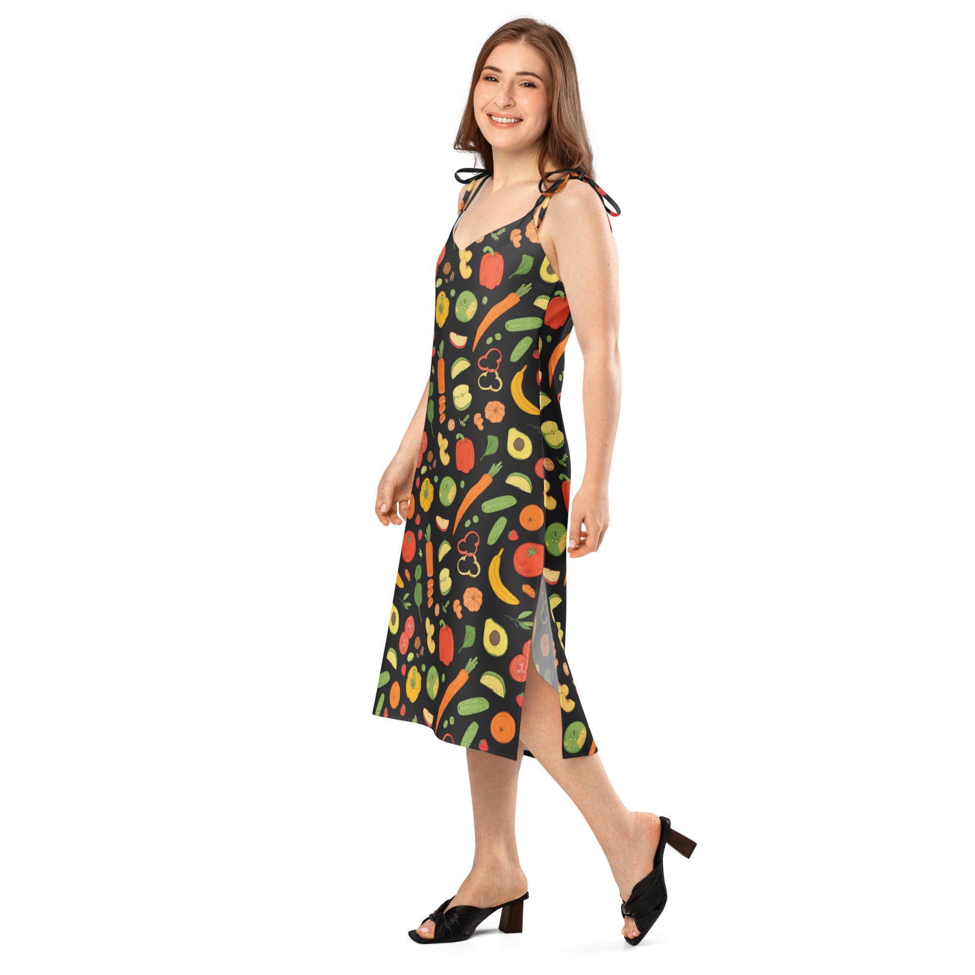 Women’s black sleeveless vegetable and fruit slip dress with vibrant pattern midi length adjustable tie straps and built in bra