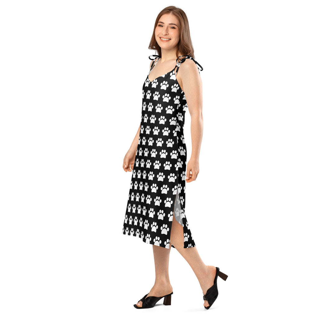 Women’s black paw print slip dress midi with adjustable tie straps and built in bra in sleeveless design