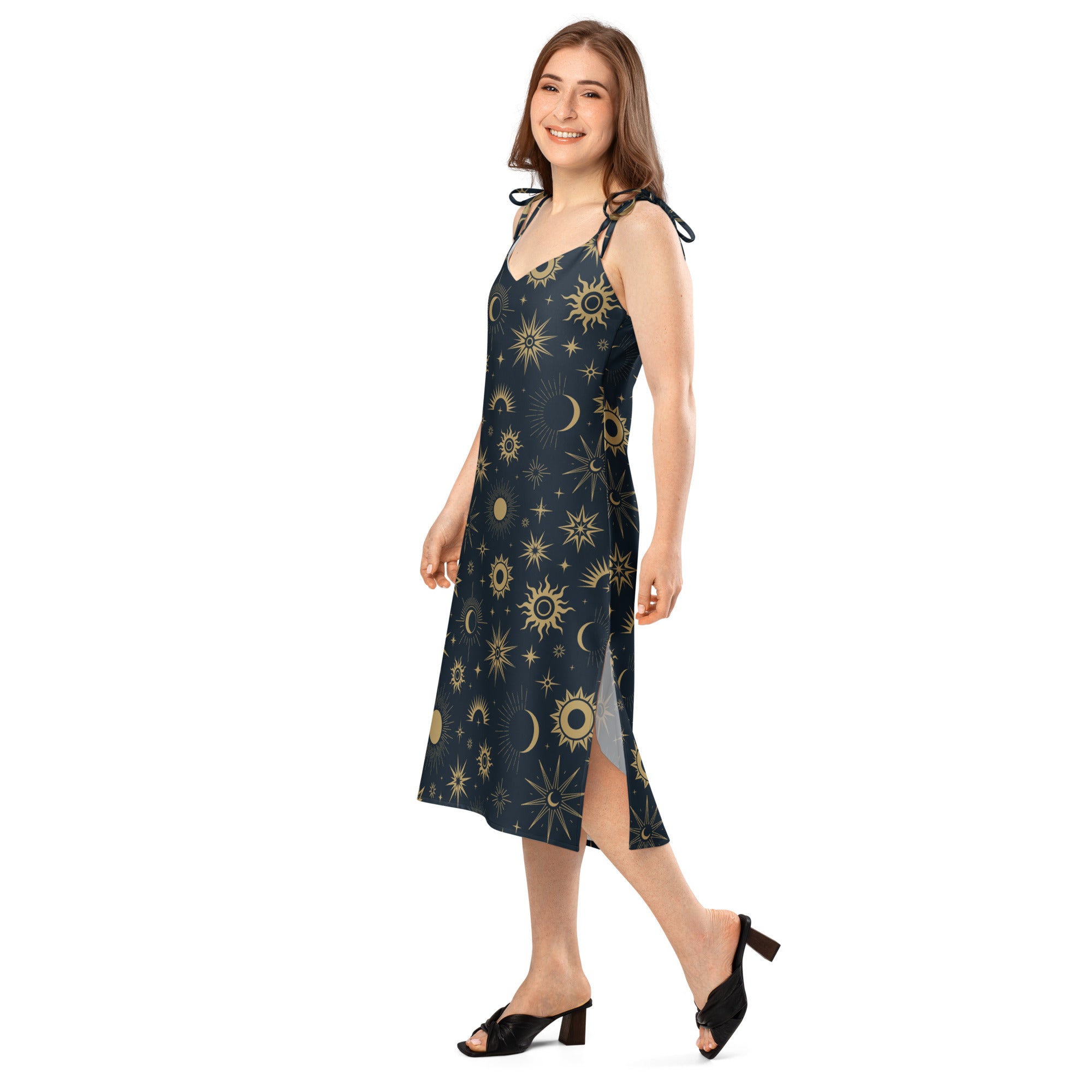 Women's Celestial Sun & Moon Slip Dress - Midi Dress With Adjustable Tie Straps & Built In Bra 