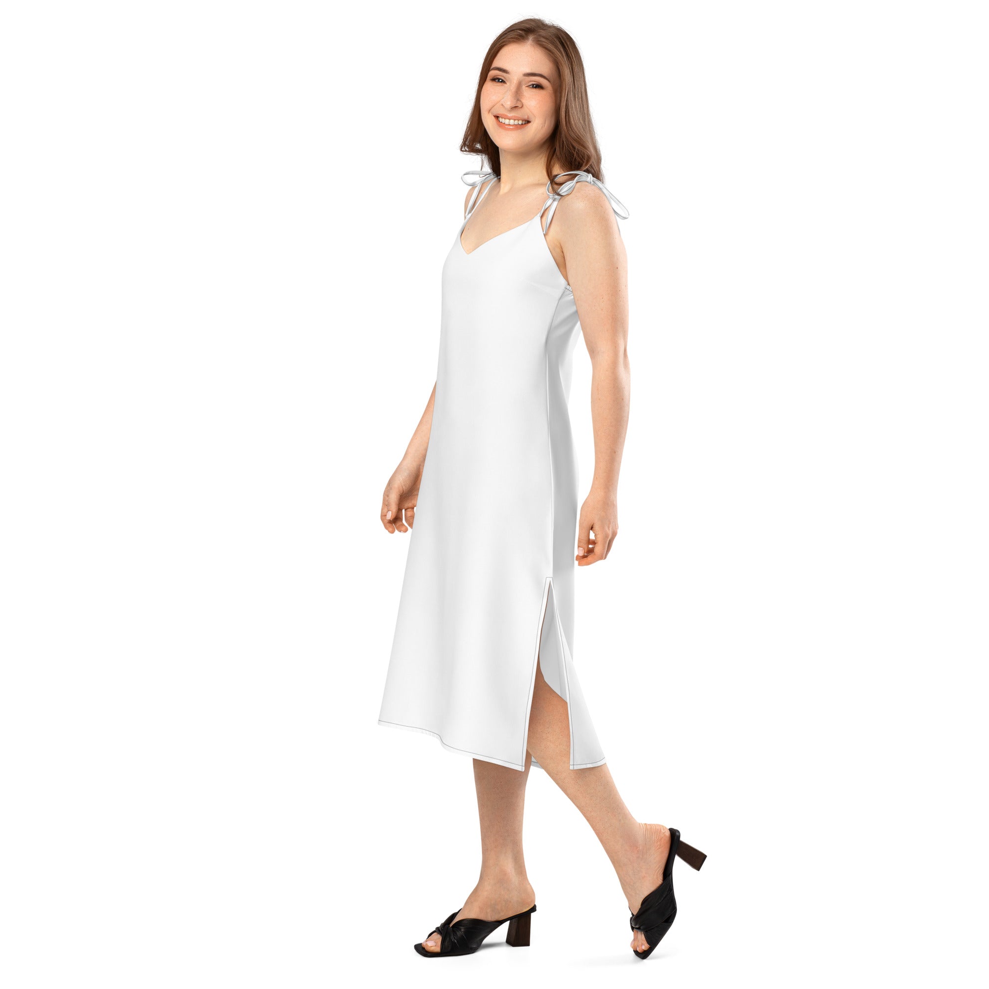 White sleeveless midi slip dress with adjustable thin tie straps built in bra and side slit for women