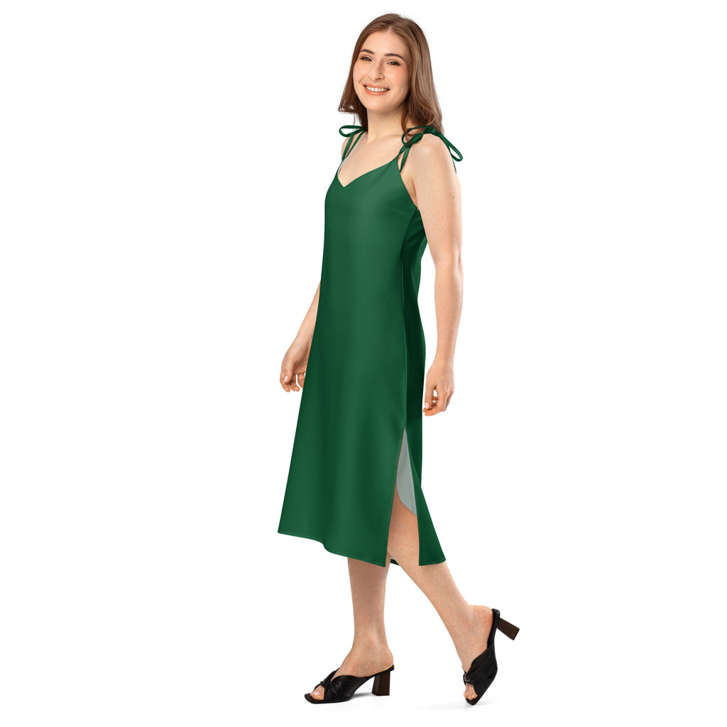 Women's Bouvelle dark green slip dress, midi length with adjustable tie straps, built-in bra and side slit.