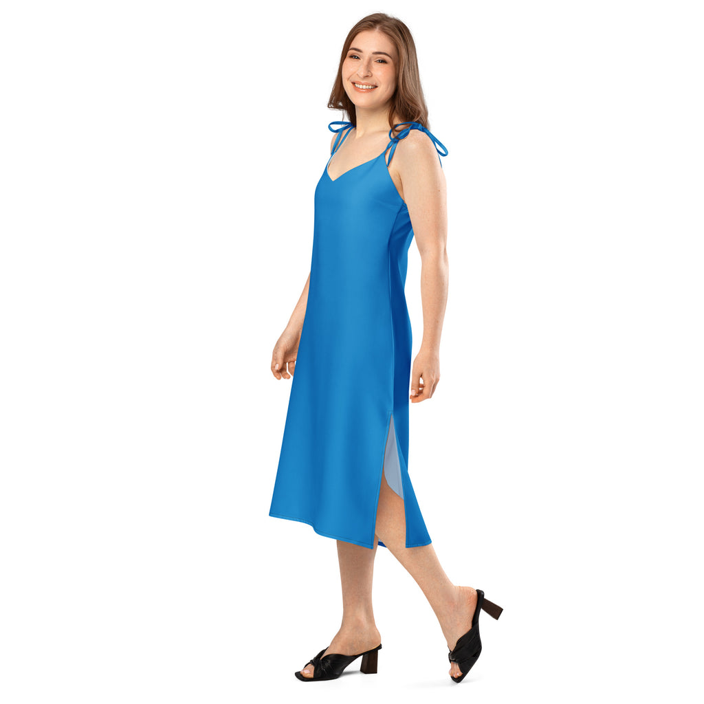 Women's blue slip dress, midi length with adjustable tie straps