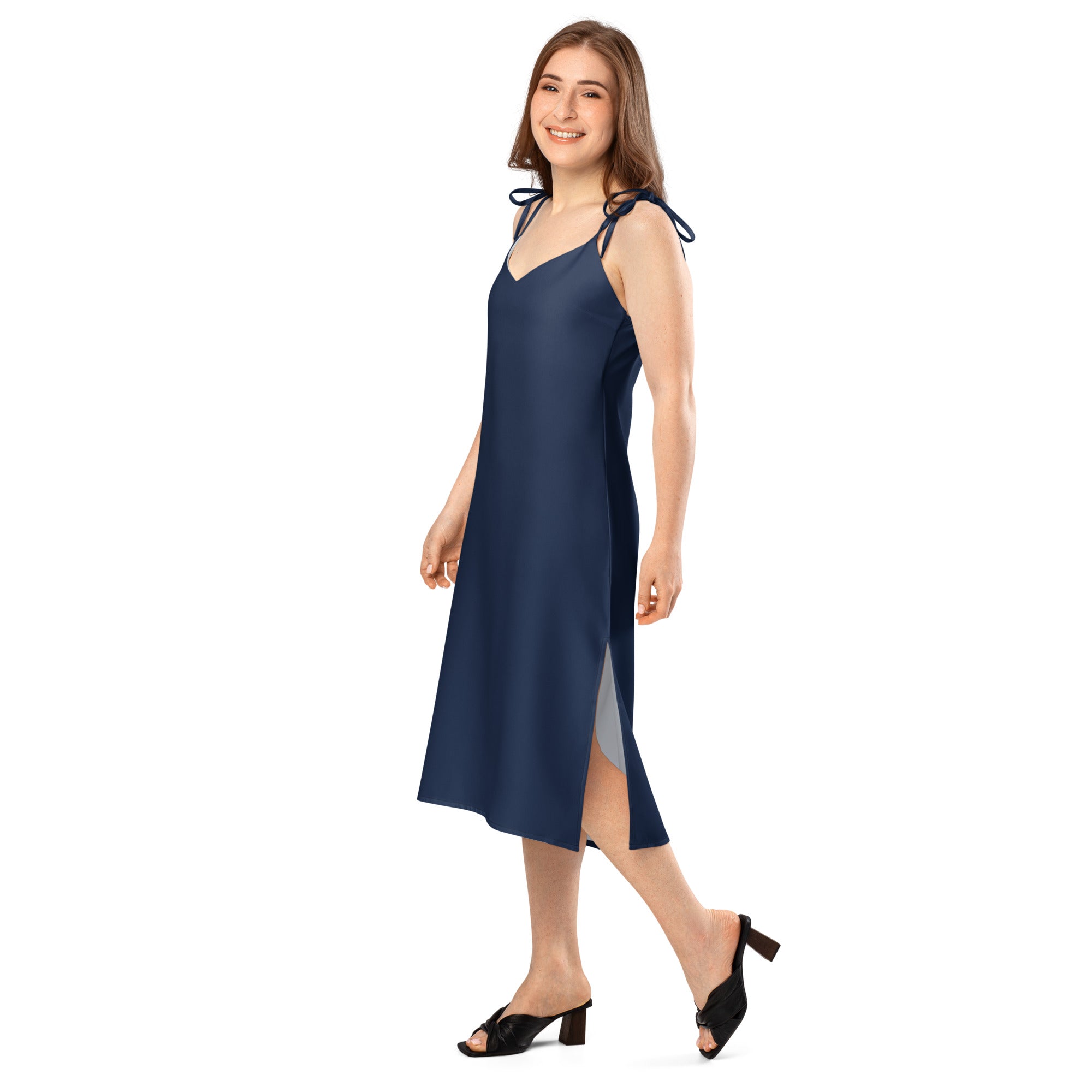 Women's Bouvelle navy blue slip dress, midi length with adjustable tie straps and built-in bra.