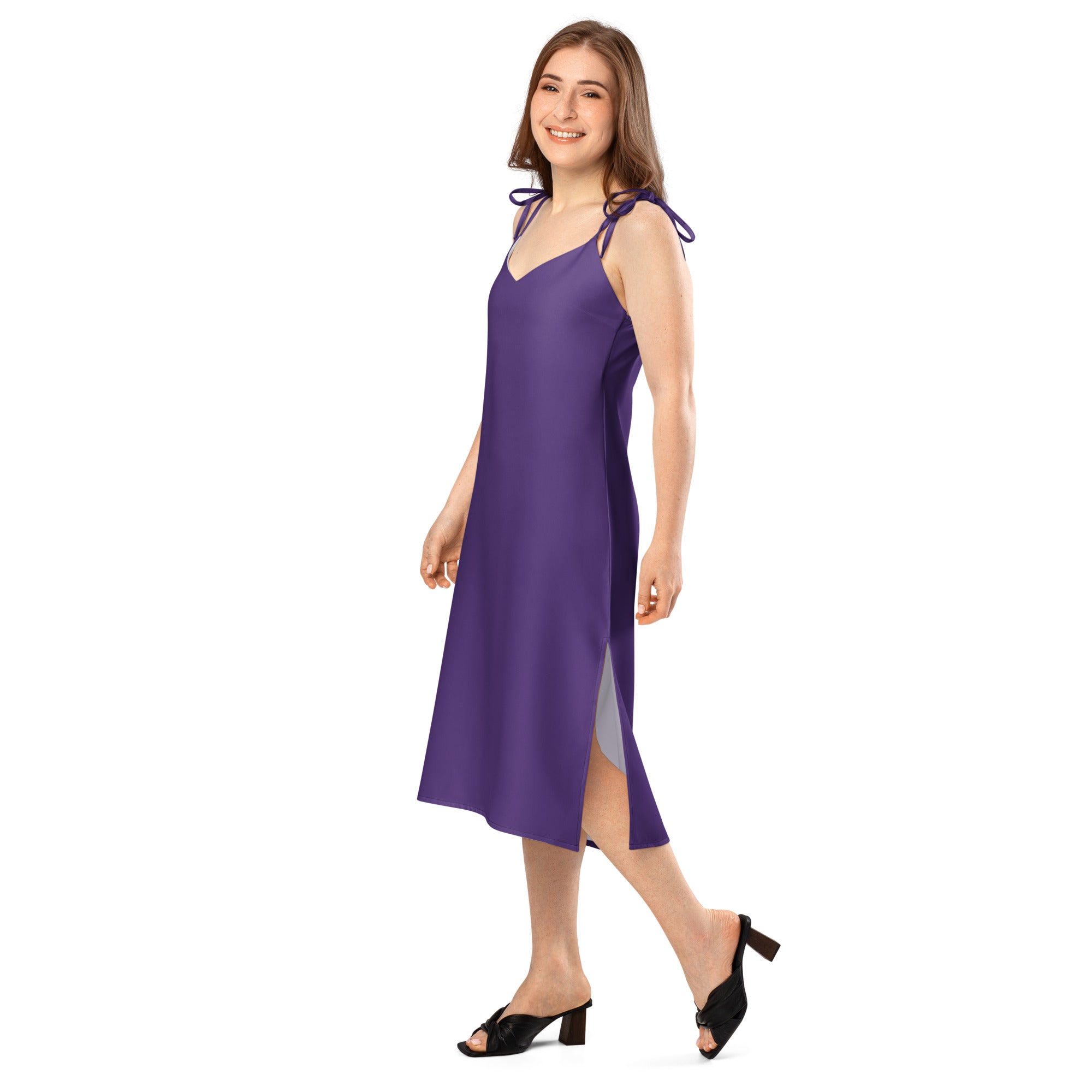 Woman wearing a purple on a white background