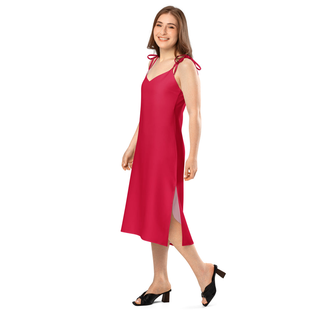 Woman wearing a red dress on a white background
