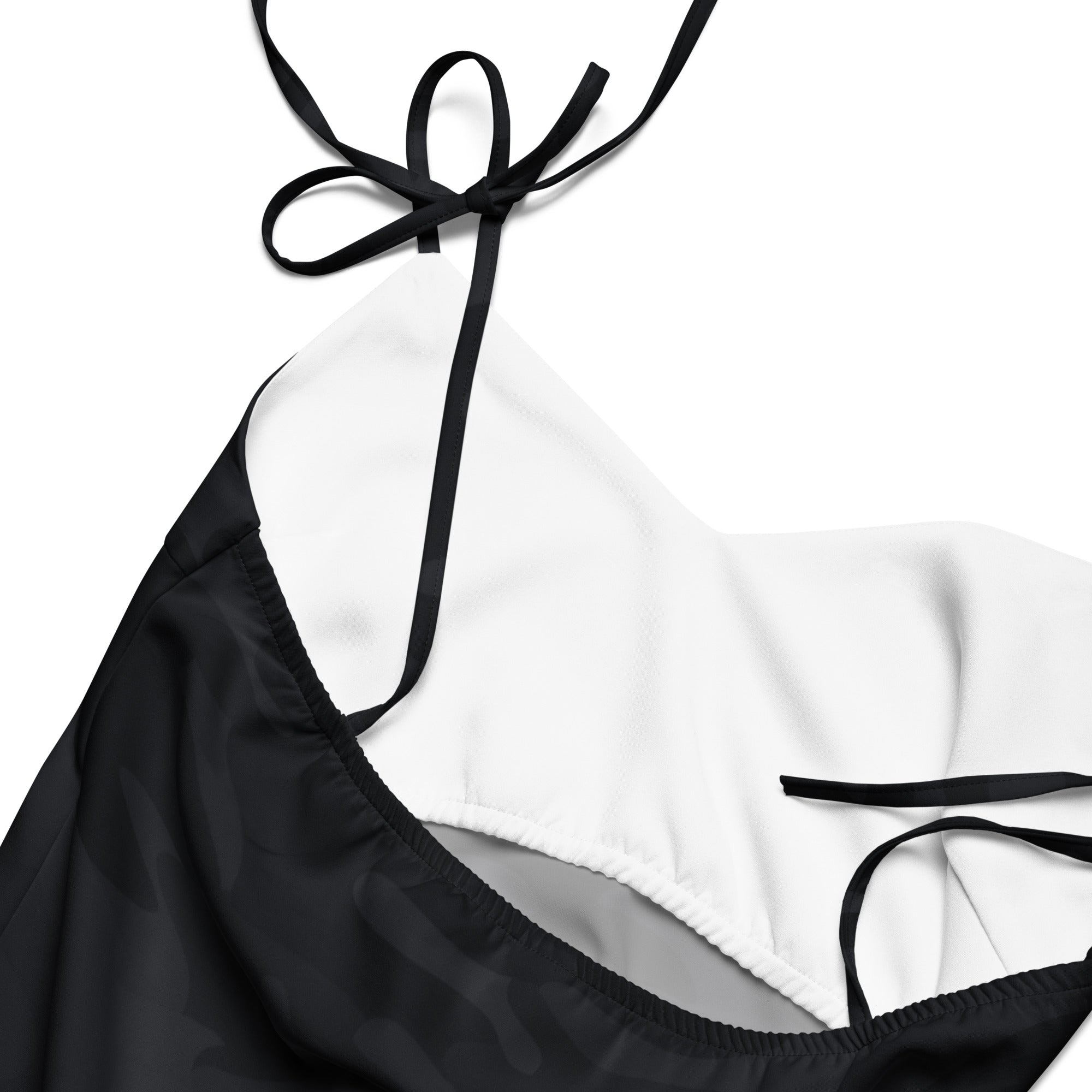 Women’s black camouflage midi slip dress with built-in bra and adjustable black ribbon halter tie straps