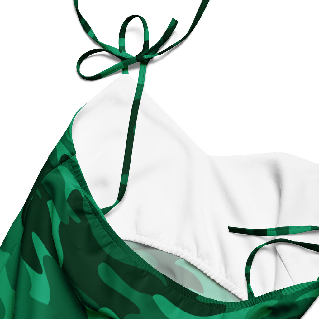 Women’s green camouflage slip dress midi dress with adjustable tie straps and matching bikini top with white underlayer
