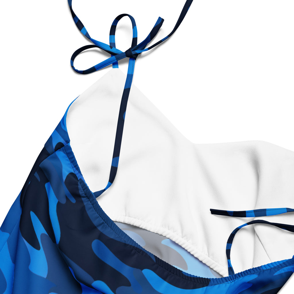 Women’s blue camouflage slip dress midi dress with adjustable tie straps and built in bra featuring blue and black camo top