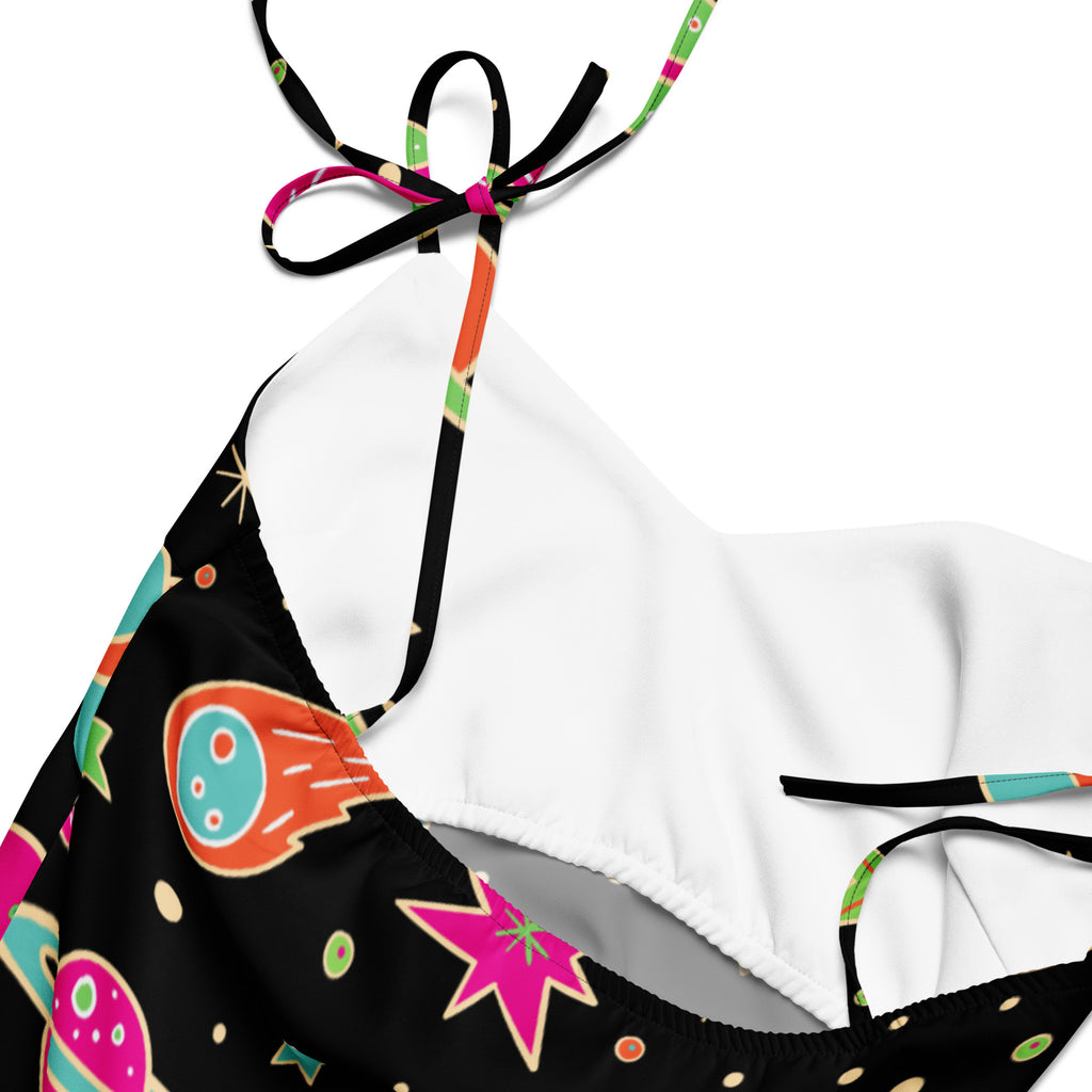 Women’s retro neon space slip dress midi with adjustable tie straps black and white halter top bikini space print