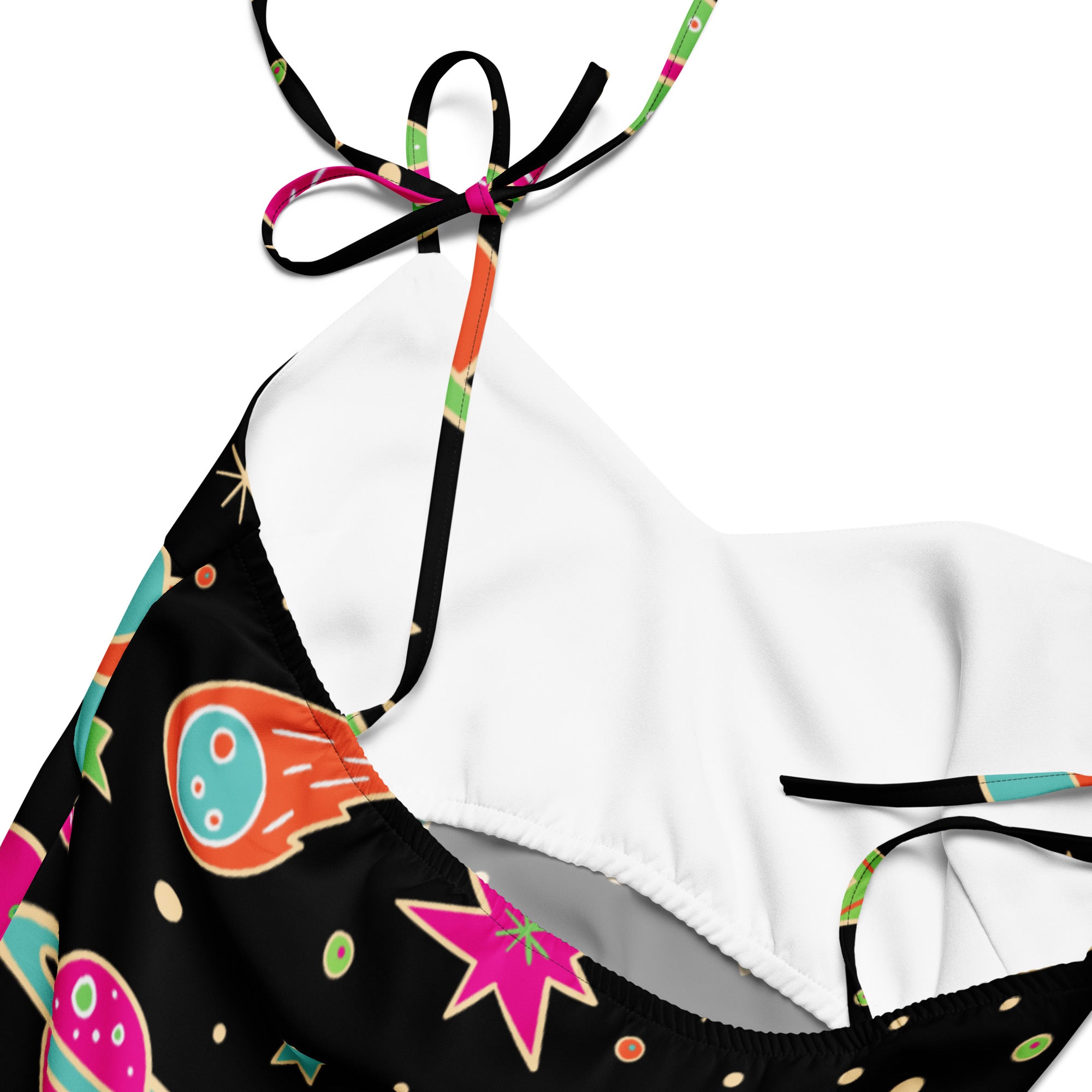 Women’s retro neon space slip dress midi with adjustable tie straps black and white halter top bikini space print