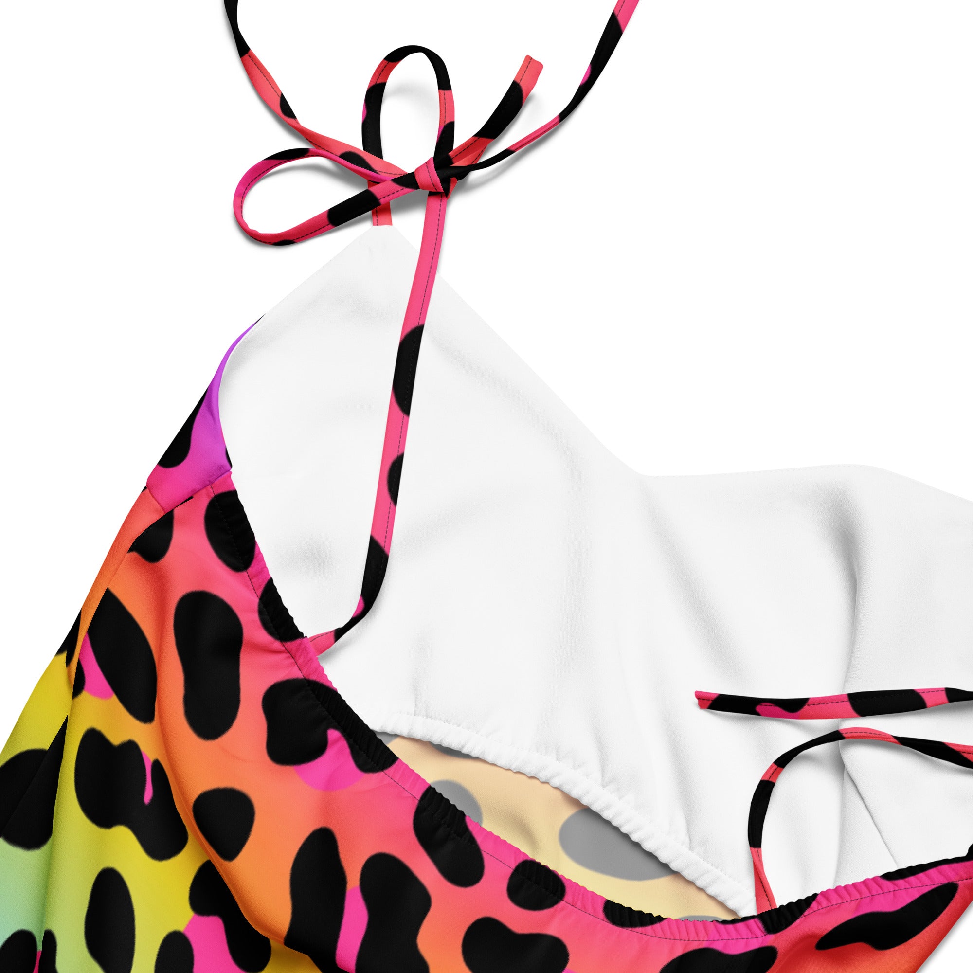Colorful dress with black rainbow leopard dots on a white background