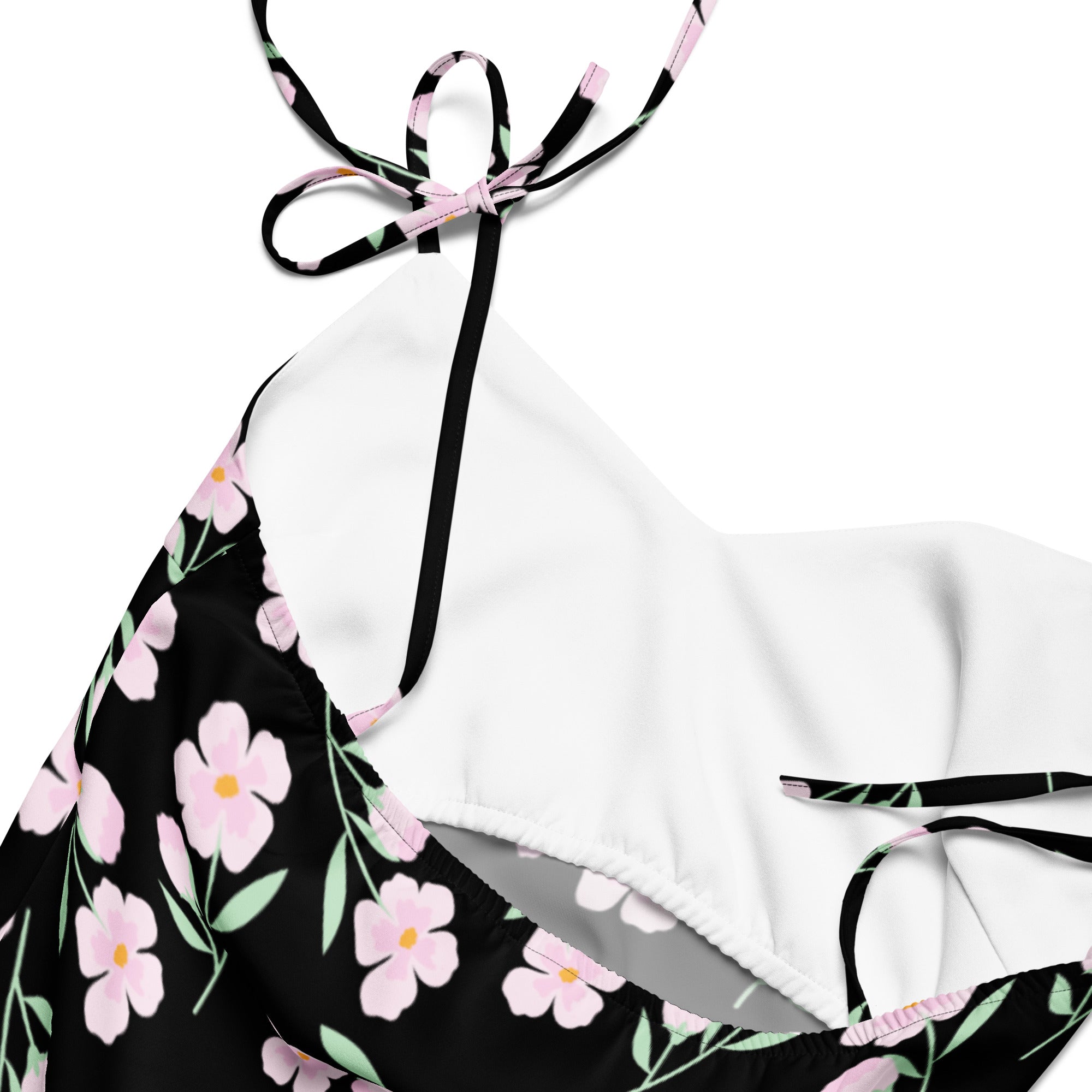 Women’s black floral slip dress midi dress with adjustable tie straps and built in bra in black and white halter top bikini design