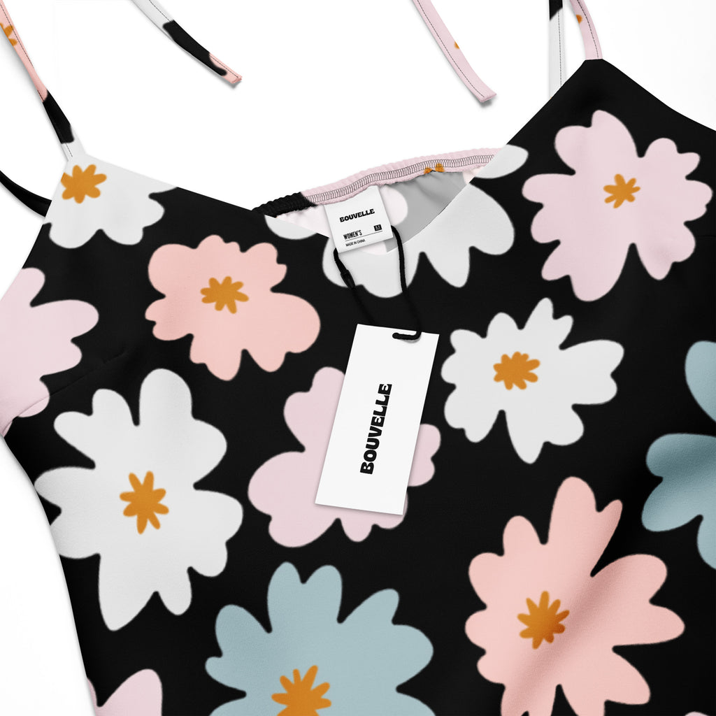 Women’s retro floral slip dress midi dress with adjustable tie straps and built in bra black with oversized pink white and blue blossoms