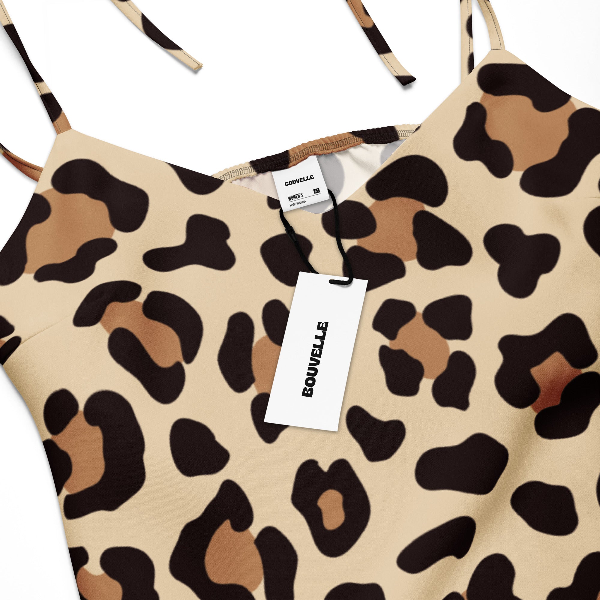 Women’s bouvelle leopard print slip dress midi with beige black pattern adjustable tie straps and built in bra