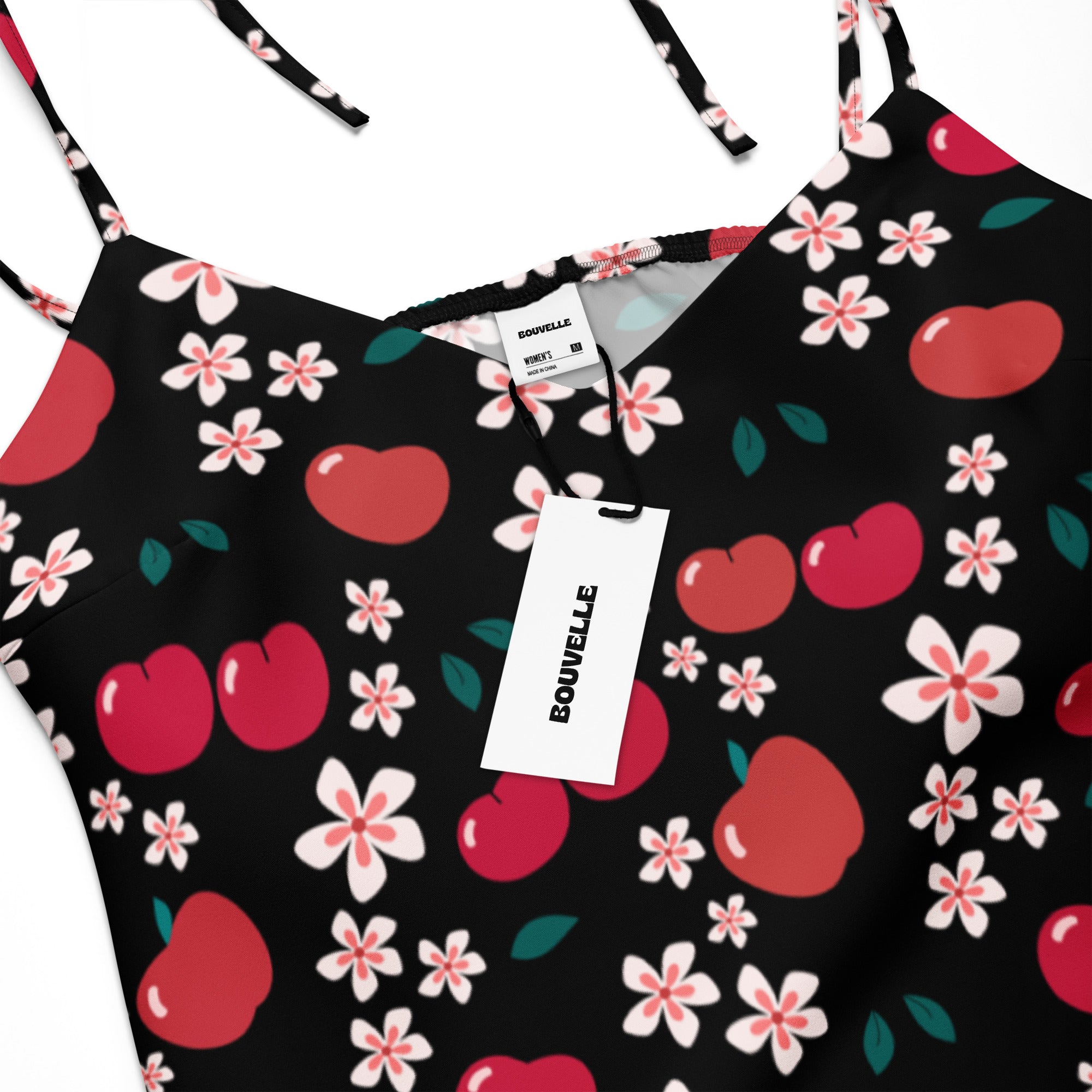 Women’s black floral cherry blossom slip midi dress with adjustable tie straps featuring red cherries and white flowers