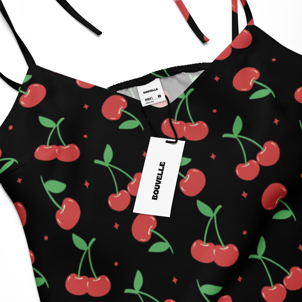 Women’s black cherry print slip midi dress with adjustable tie straps red cherries and green stems on black fabric