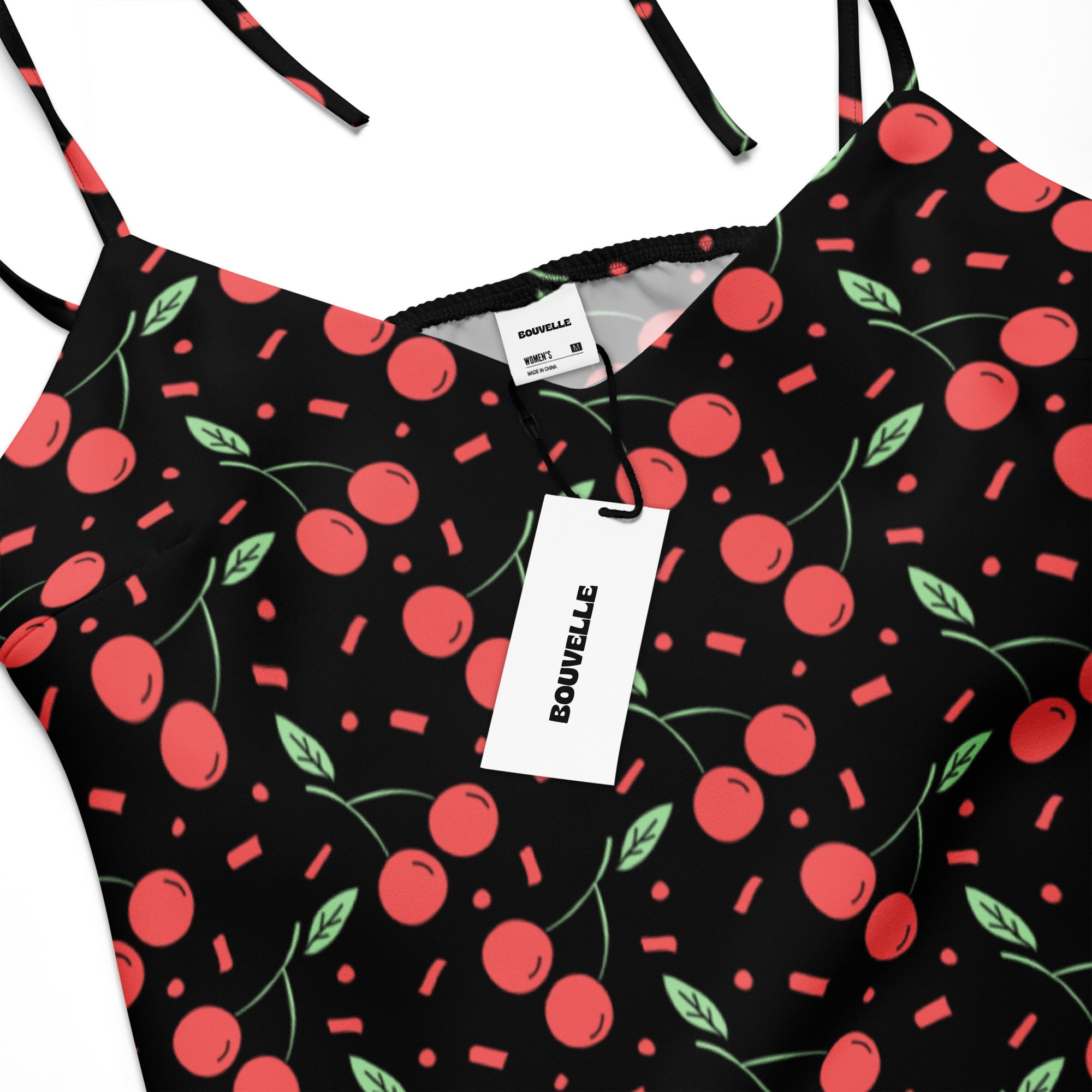 Women’s black mini cherry slip dress by bouvelle featuring red cherries green leaves adjustable tie straps and built in bra