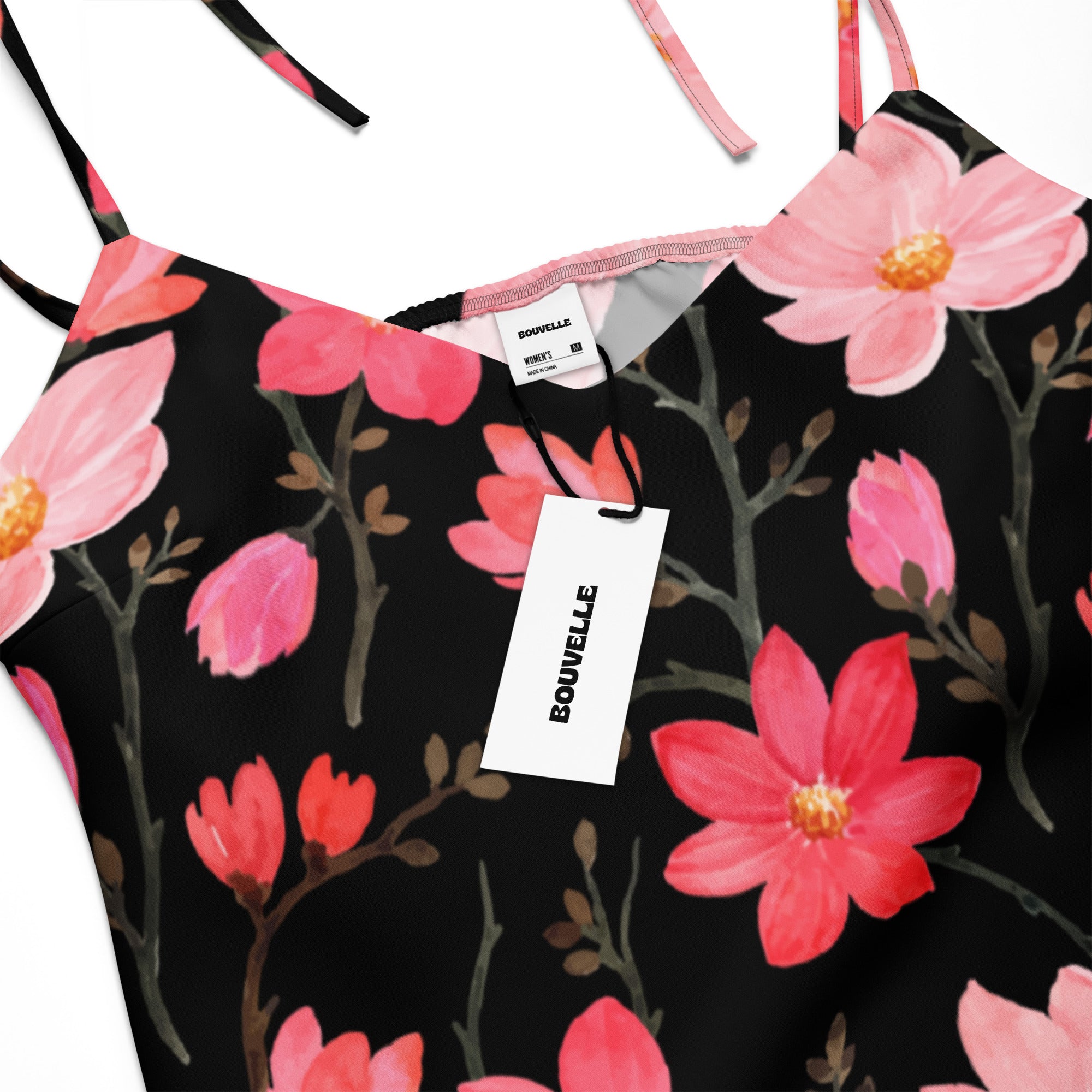 Women’s black floral print spaghetti strap top with pink and red blossoms midi dress with adjustable tie straps and bra